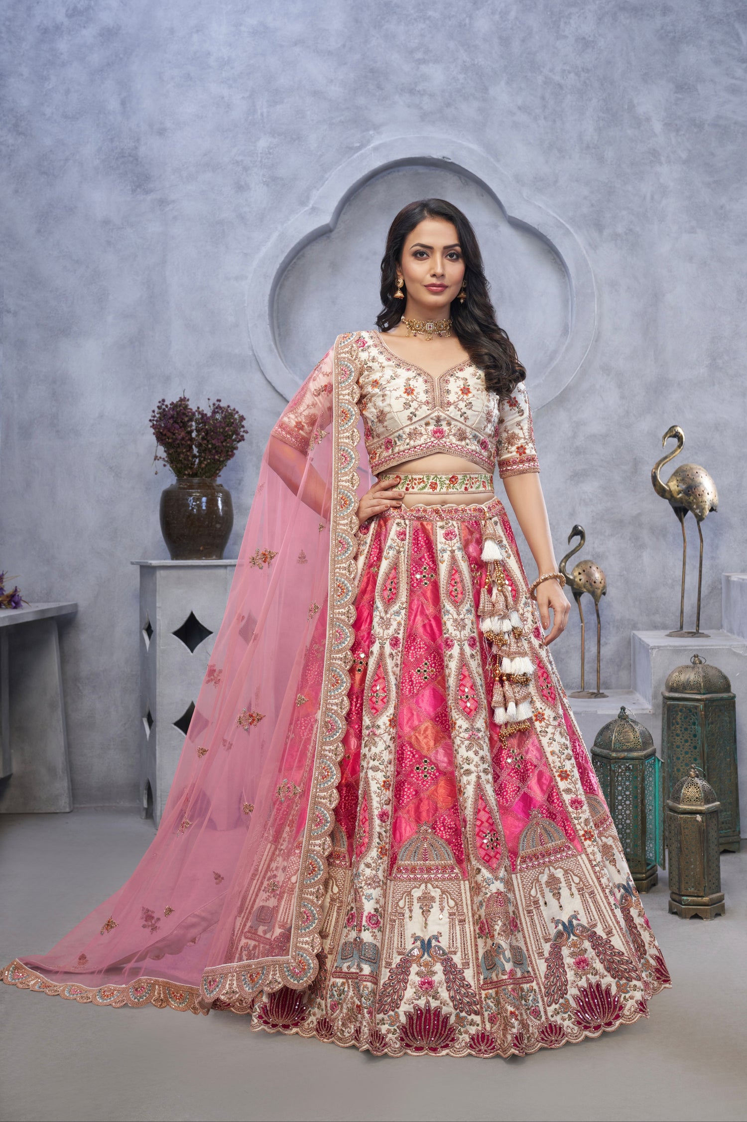 Ivory Organza Silk Bridal Lehenga &amp; Peacock Motifs &amp; Bandhej Dupatta