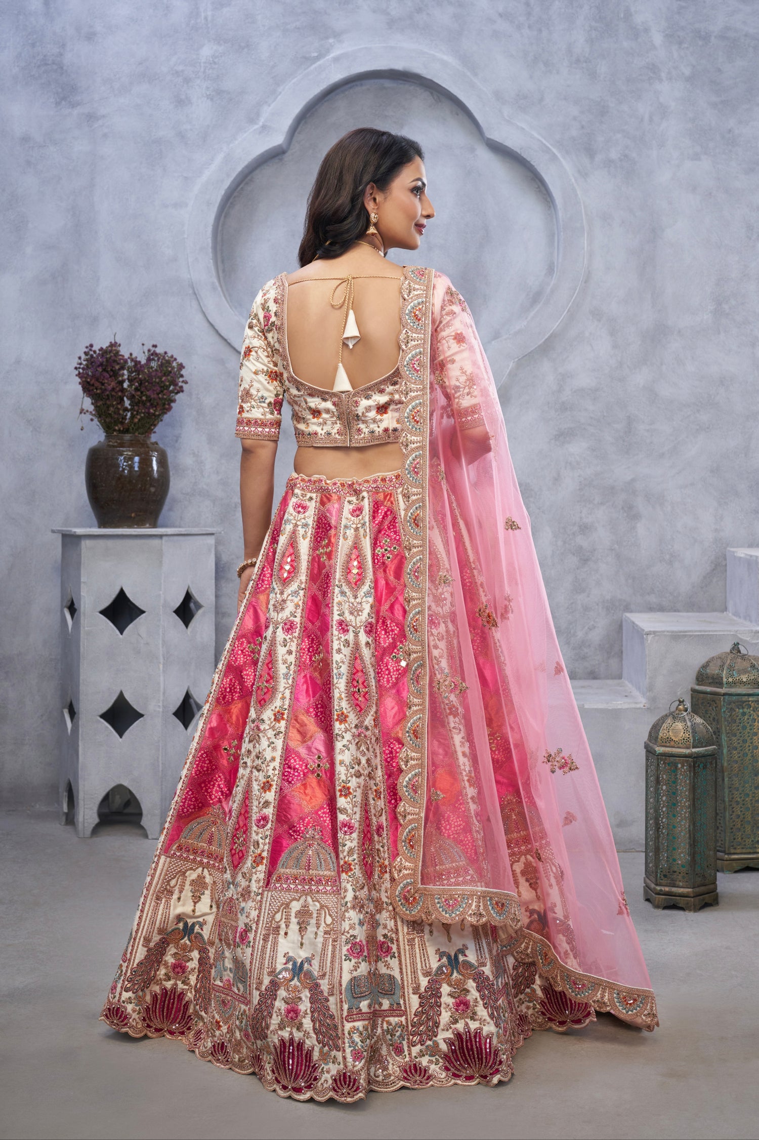 Ivory Organza Silk Bridal Lehenga &amp; Peacock Motifs &amp; Bandhej Dupatta