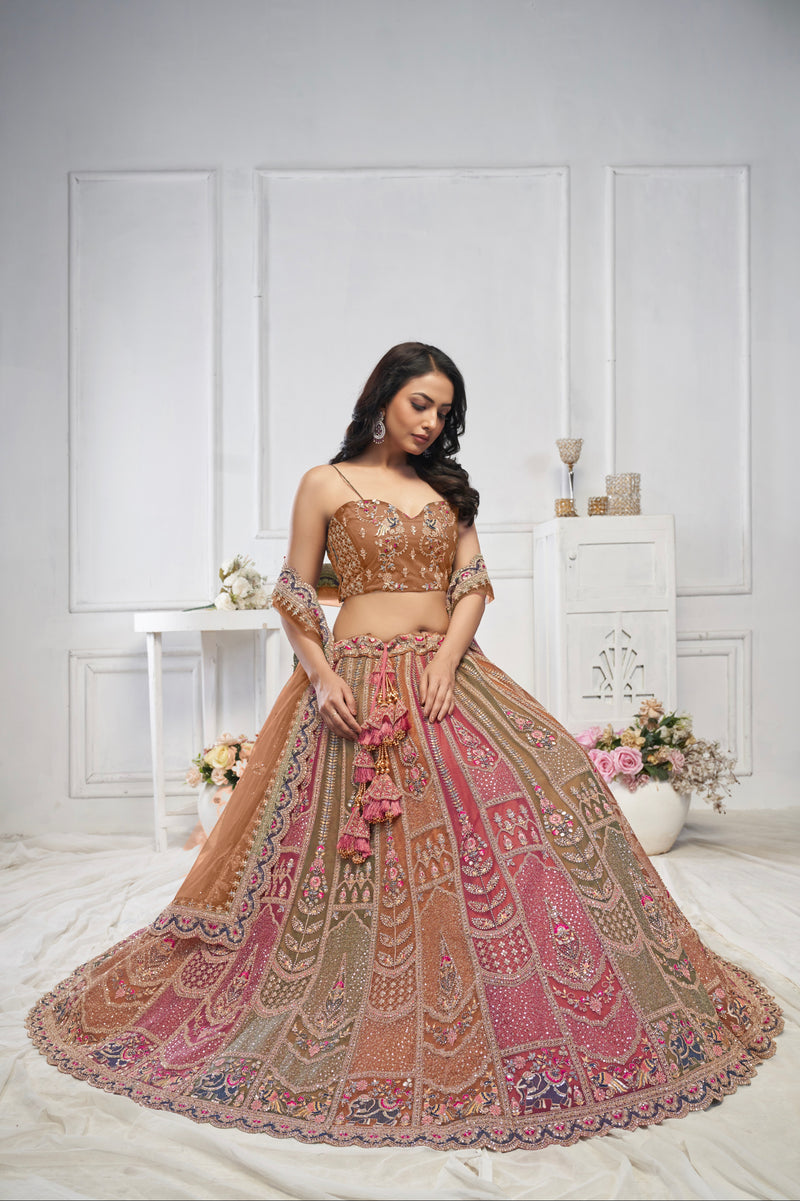 Multi-Brown Net Lehenga with Zari Weaving and Elephant Motifs