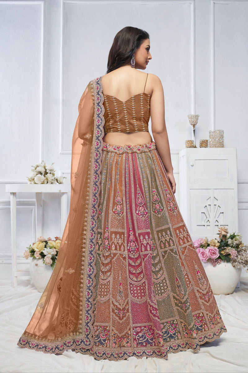 Multi-Brown Net Lehenga with Zari Weaving and Elephant Motifs