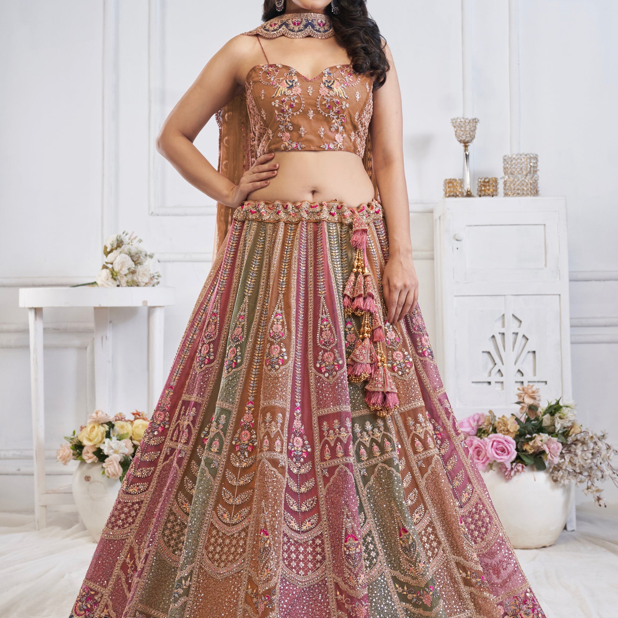 Multi-Brown Net Lehenga with Zari Weaving and Elephant Motifs