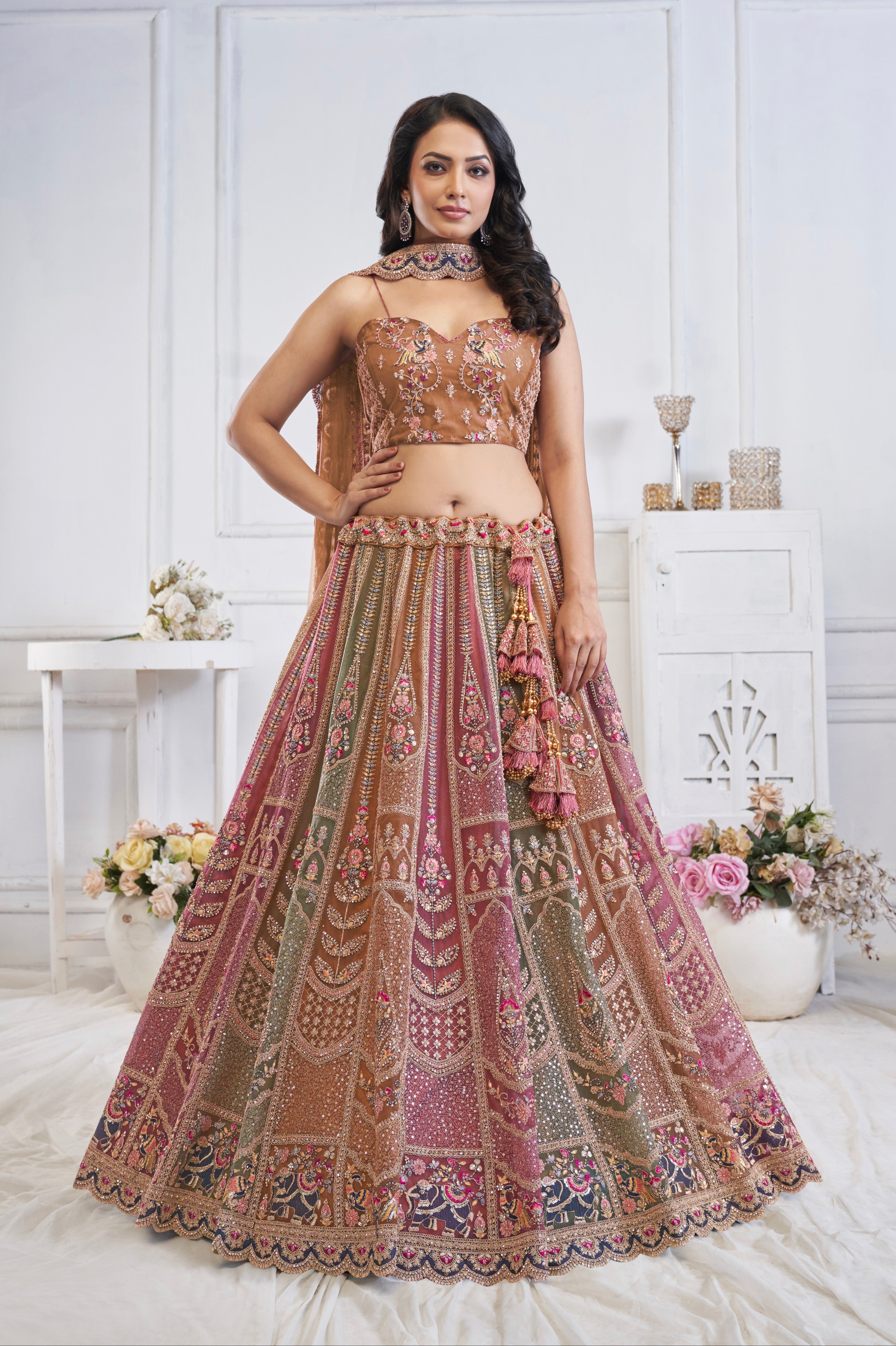 Multi-Brown Net Lehenga with Zari Weaving and Elephant Motifs