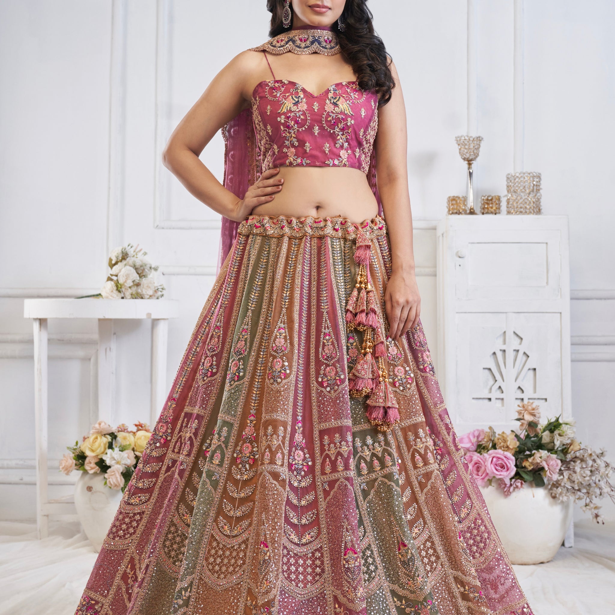 Multi-Onion Net Lehenga with Elephant Motifs, Zari, and Sequins