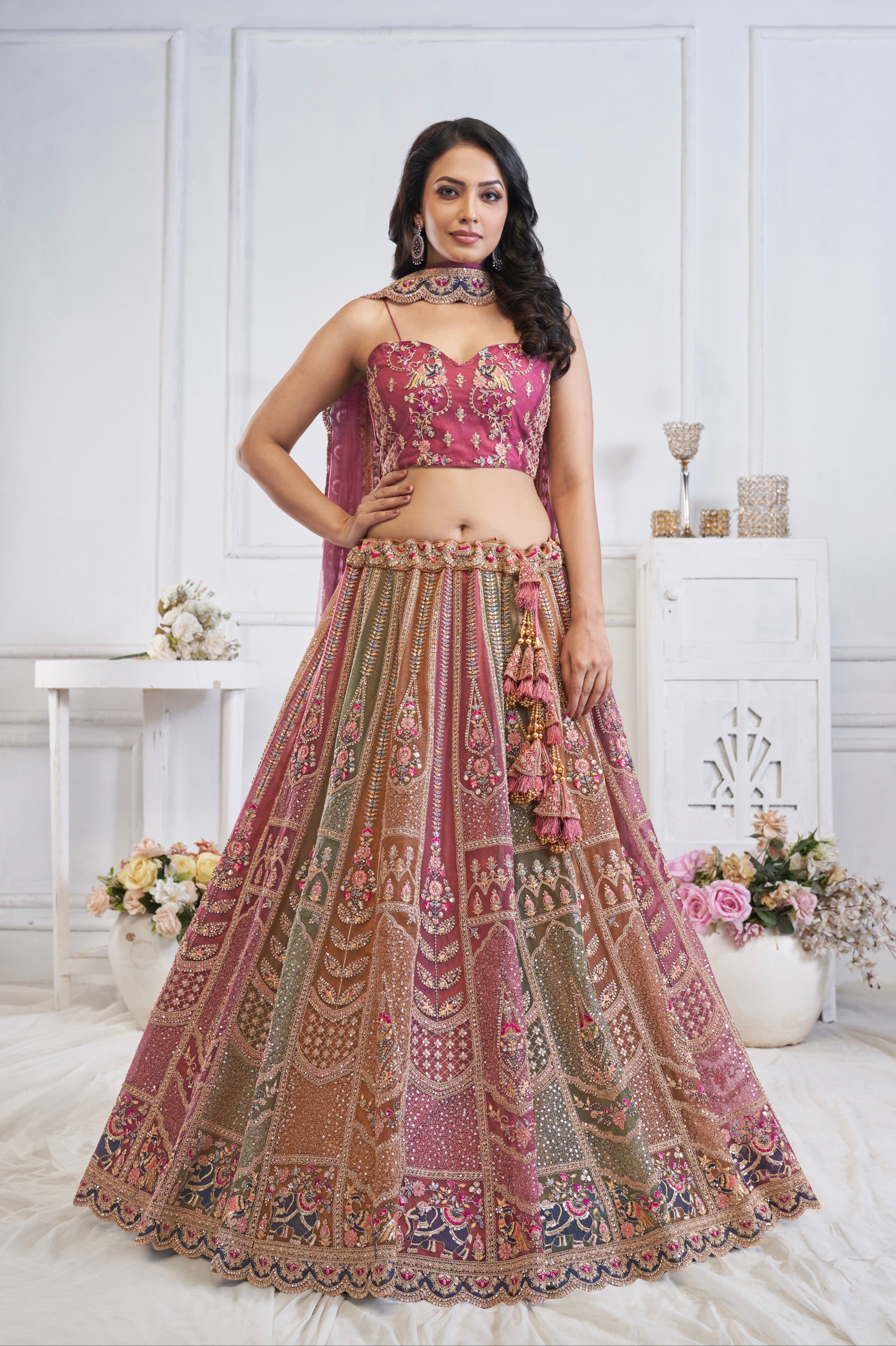 Multi-Onion Net Lehenga with Elephant Motifs, Zari, and Sequins