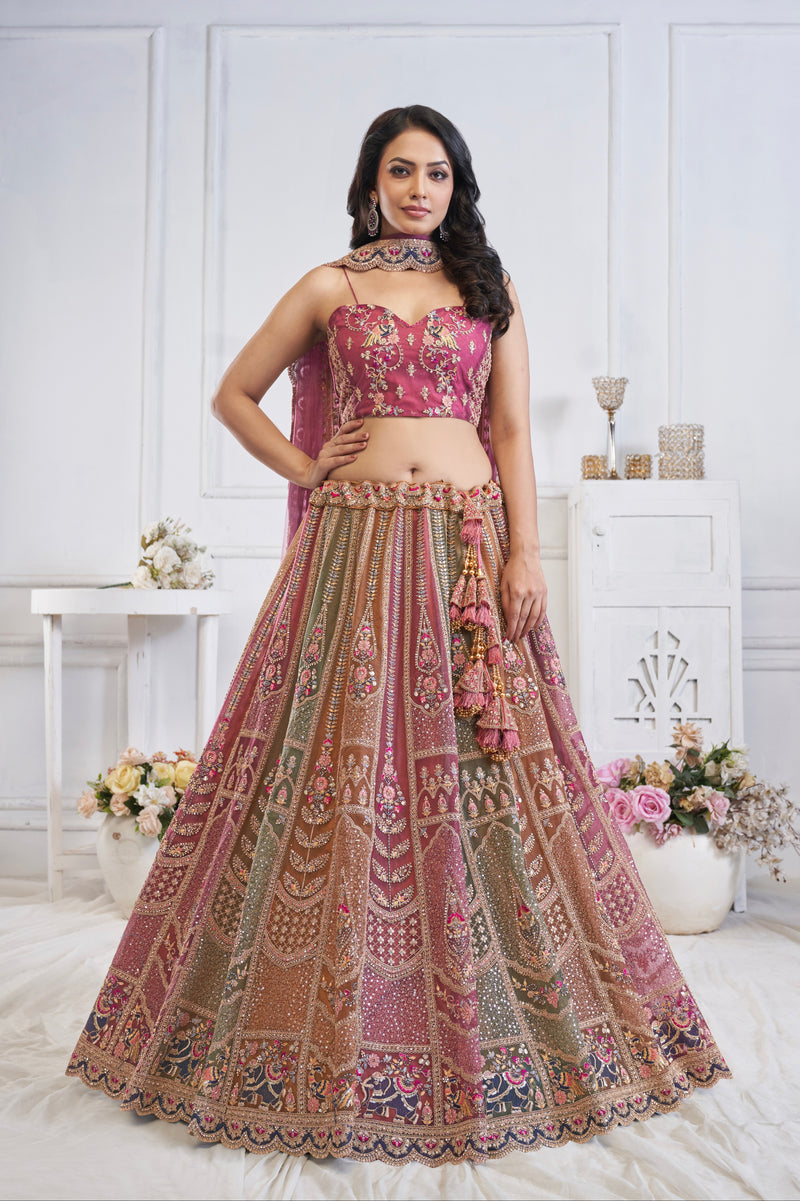 Multi-Onion Net Lehenga with Elephant Motifs, Zari, and Sequins