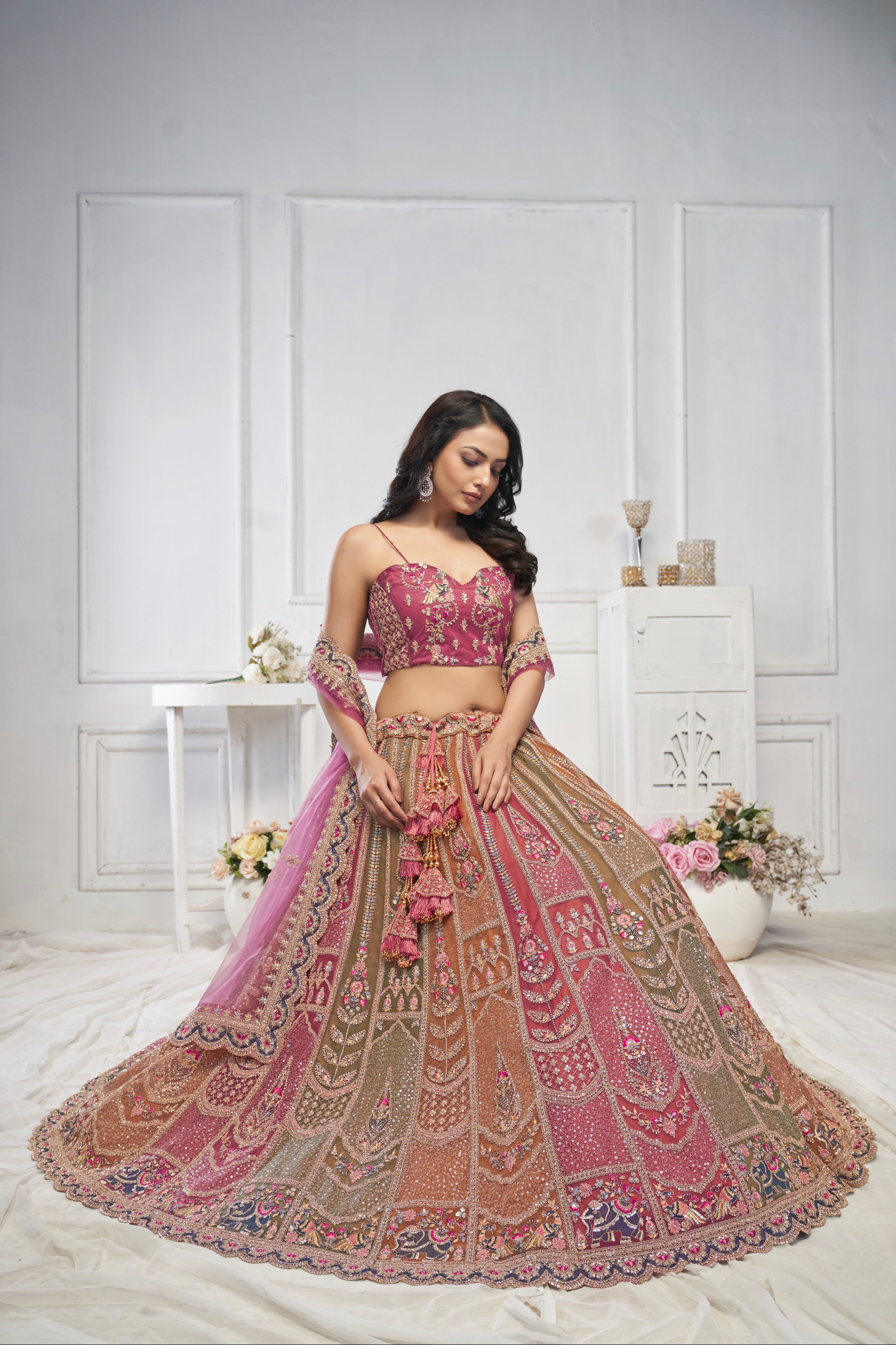 Multi-Onion Net Lehenga with Elephant Motifs, Zari, and Sequins