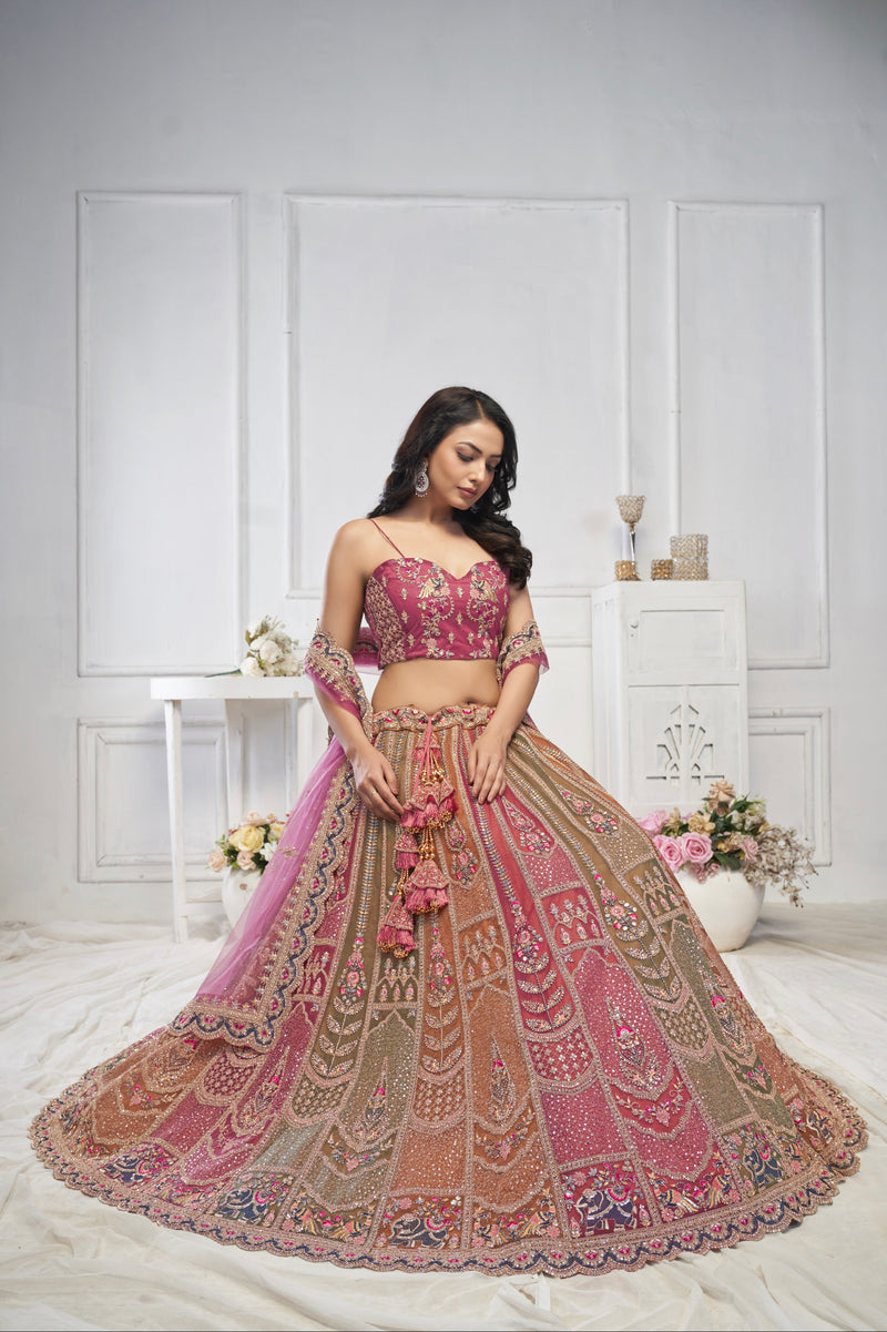 Multi-Onion Net Lehenga with Elephant Motifs, Zari, and Sequins