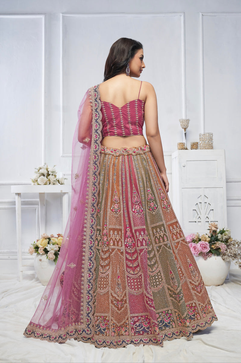 Multi-Onion Net Lehenga with Elephant Motifs, Zari, and Sequins