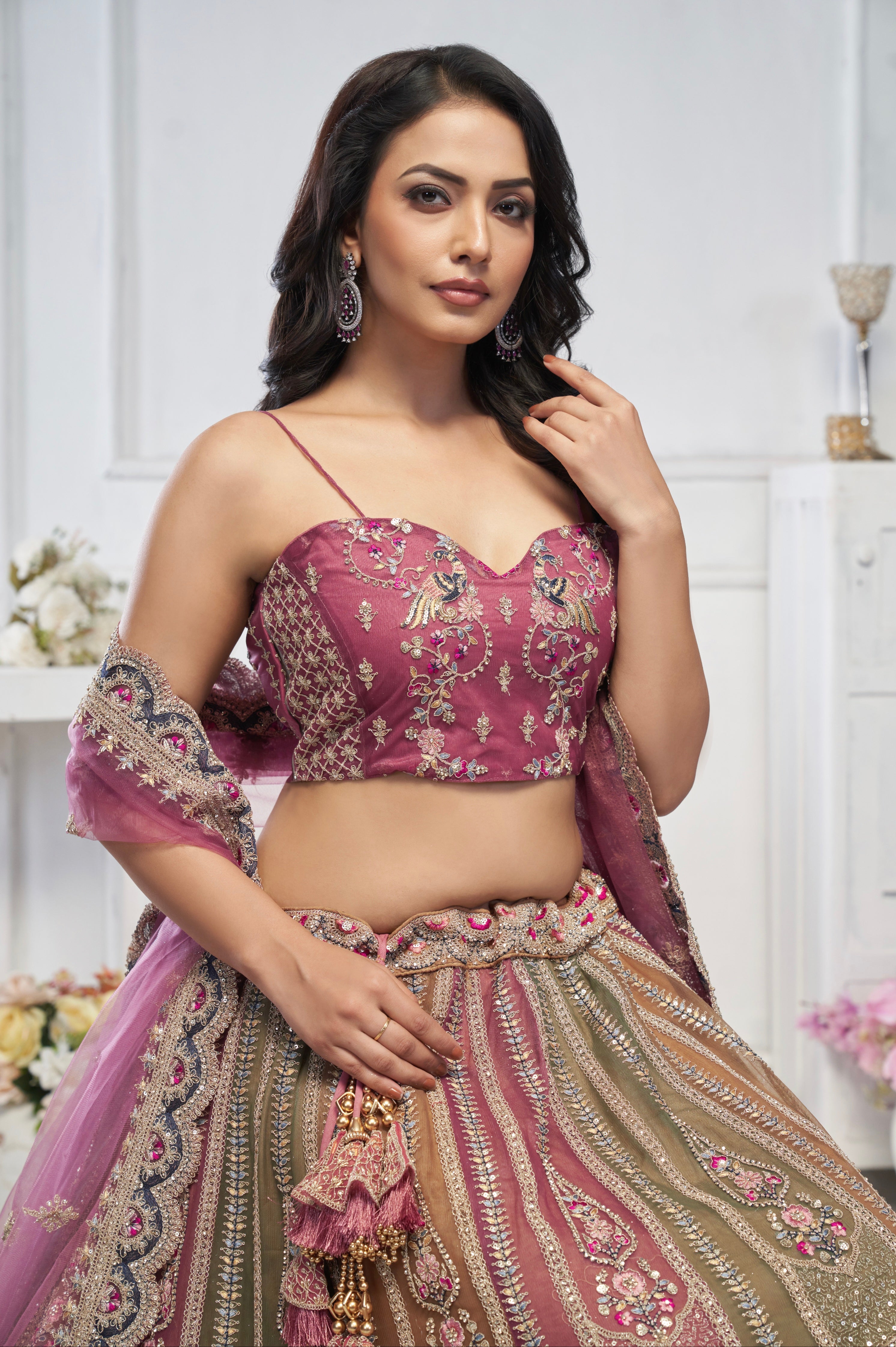 Multi-Onion Net Lehenga with Elephant Motifs, Zari, and Sequins