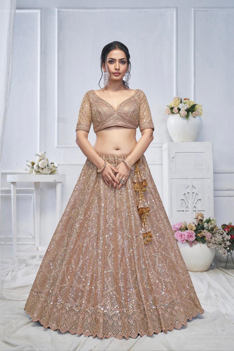Brown Net Lehenga with Golden Sequins