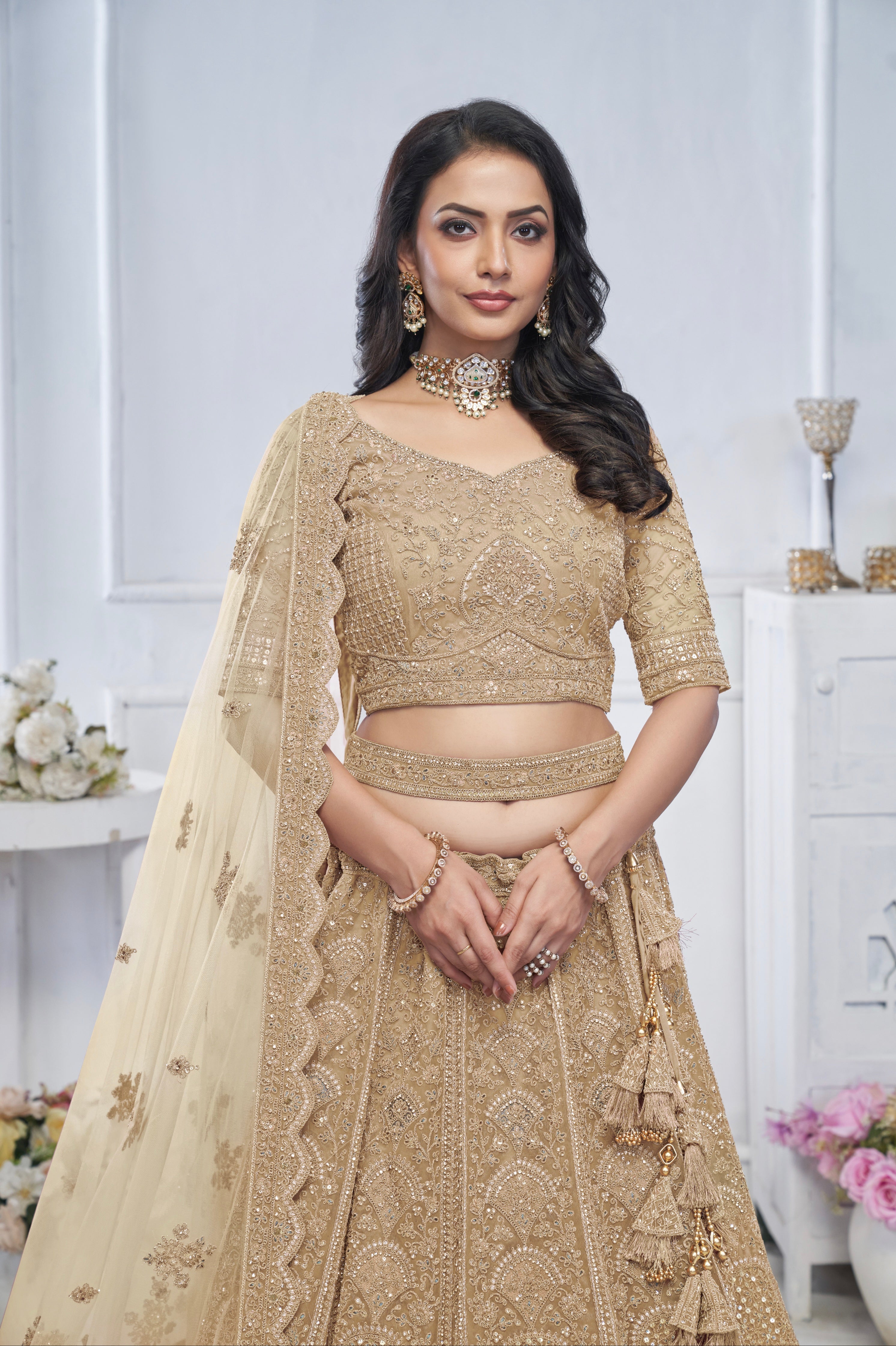Golden Soft Net Lehenga with Sequins, Zari & Paisley Design