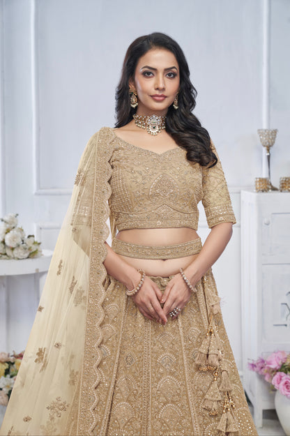 Golden Soft Net Lehenga with Sequins, Zari &amp; Paisley Design