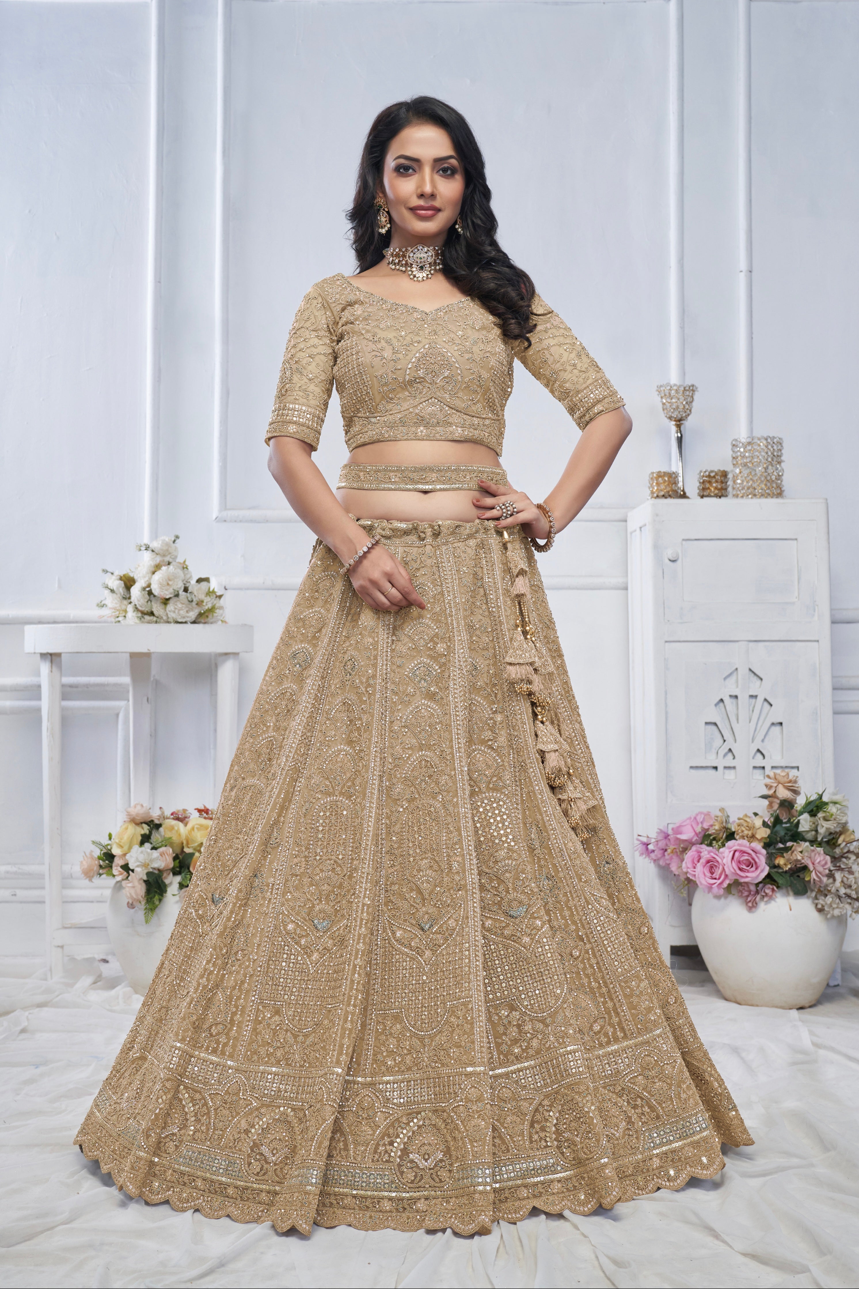 Golden Soft Net Lehenga with Sequins, Zari &amp; Paisley Design