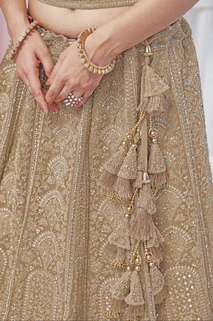 Golden Soft Net Lehenga with Sequins, Zari &amp; Paisley Design
