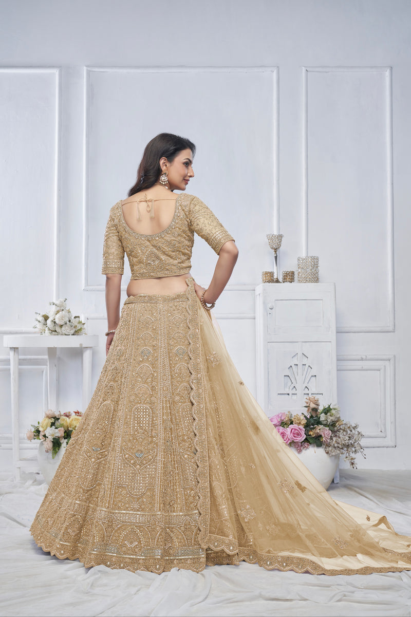 Golden Soft Net Lehenga with Sequins, Zari & Paisley Design