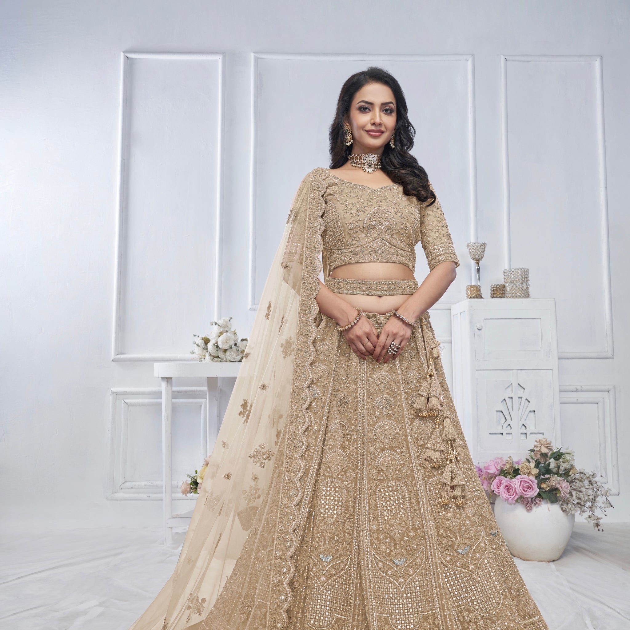 Golden Soft Net Lehenga with Sequins, Zari & Paisley Design
