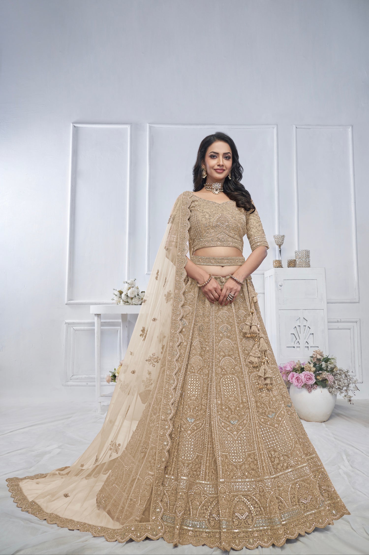 Golden Soft Net Lehenga with Sequins, Zari &amp; Paisley Design