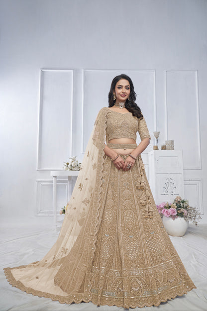 Golden Soft Net Lehenga with Sequins, Zari &amp; Paisley Design
