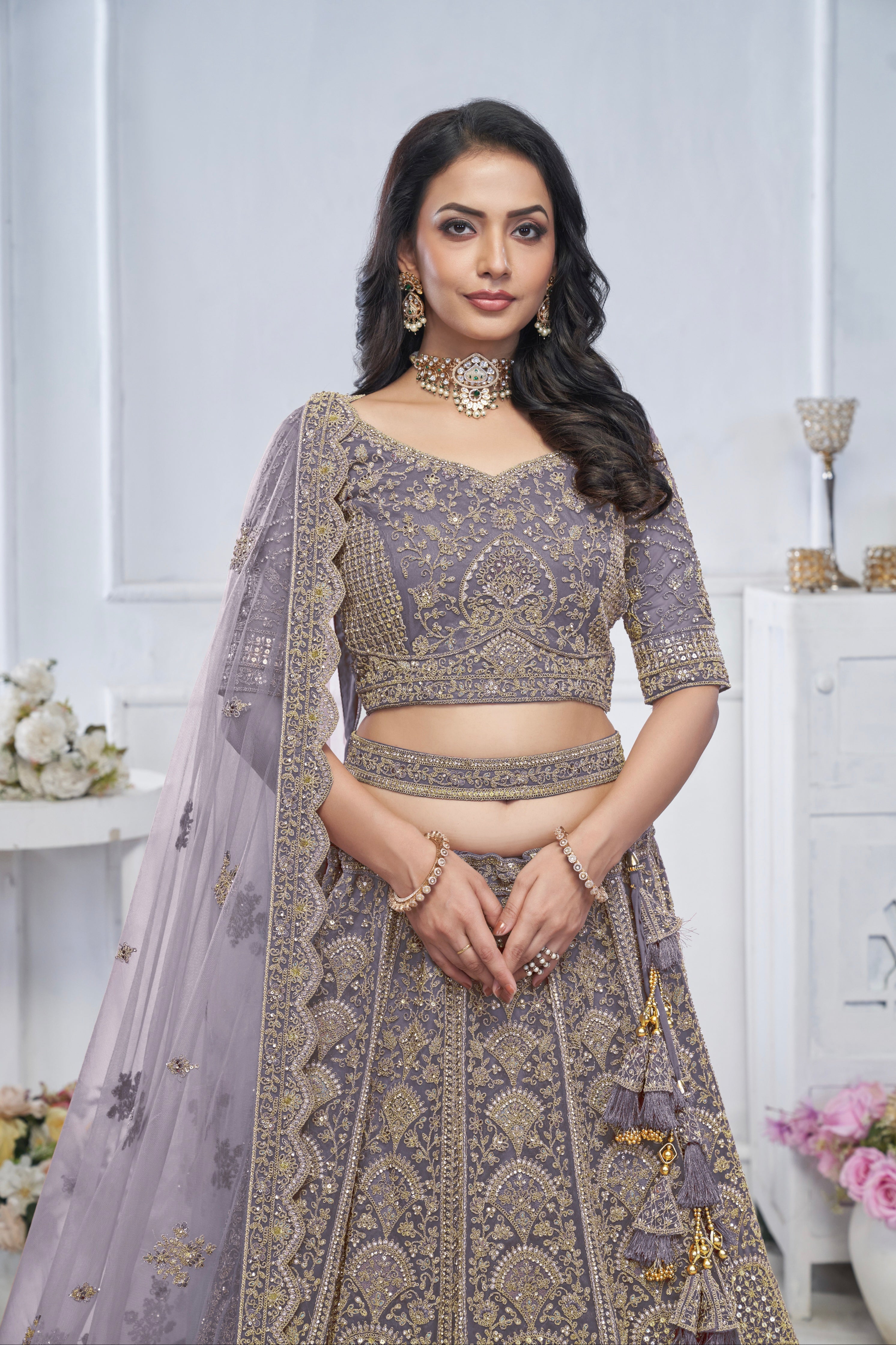 Purple Soft Net Lehenga with Sequins, Zari &amp; Paisley Motifs
