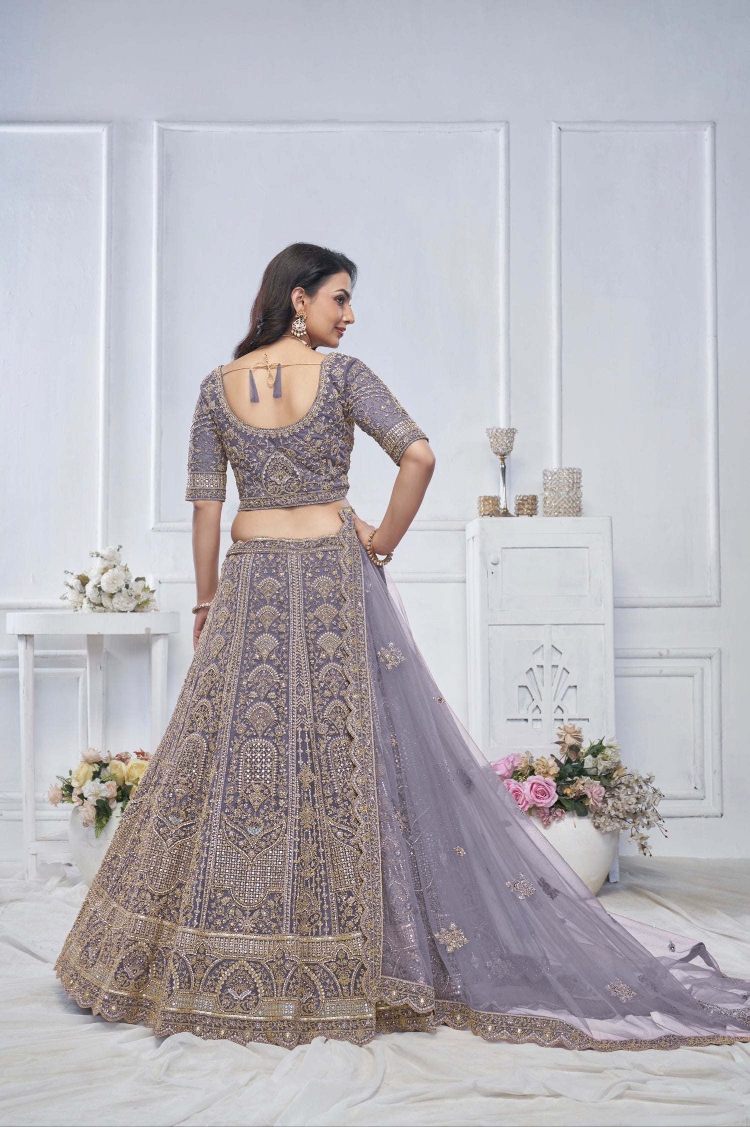 Purple Soft Net Lehenga with Sequins, Zari &amp; Paisley Motifs
