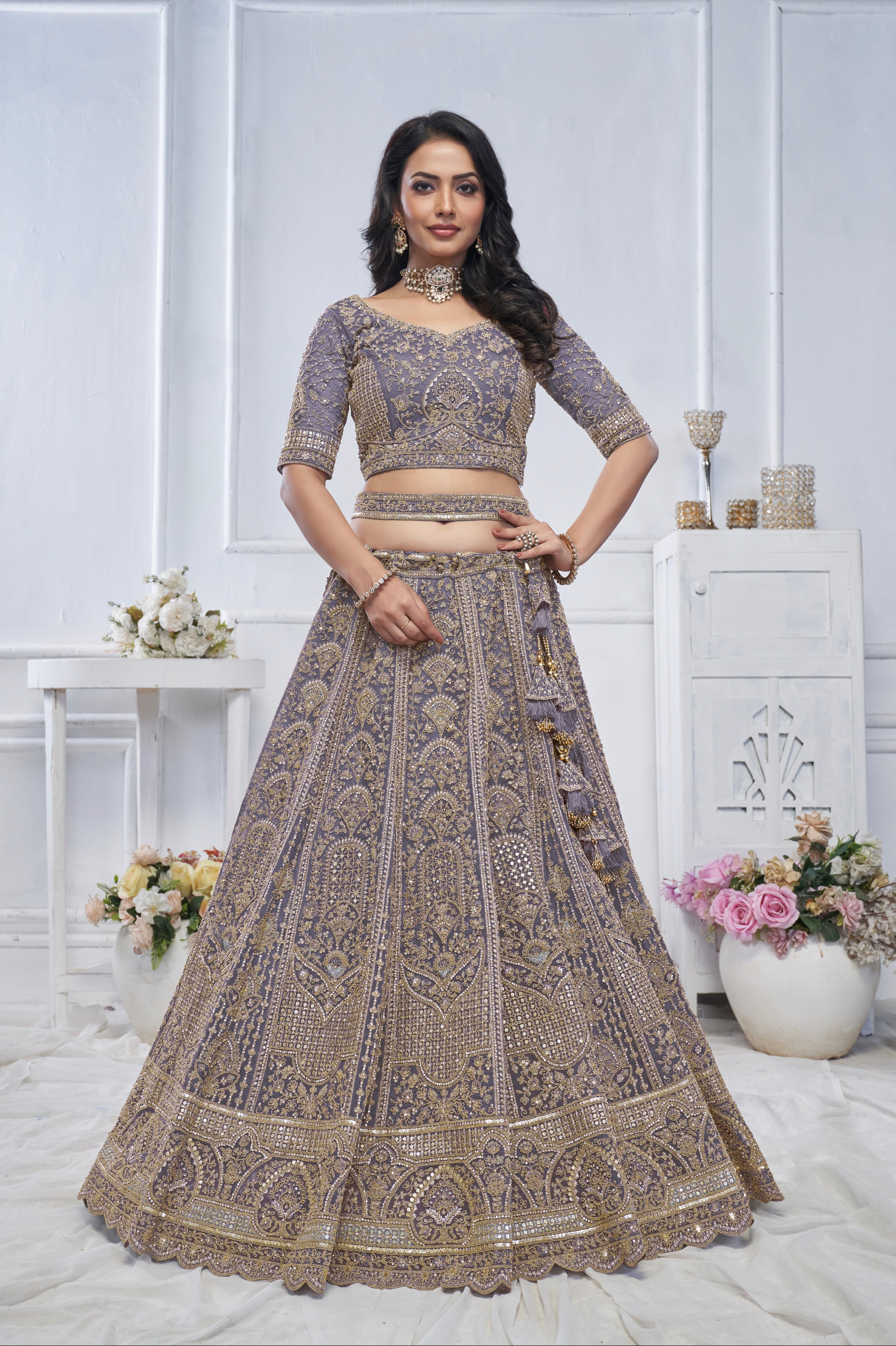 Purple Soft Net Lehenga with Sequins, Zari &amp; Paisley Motifs