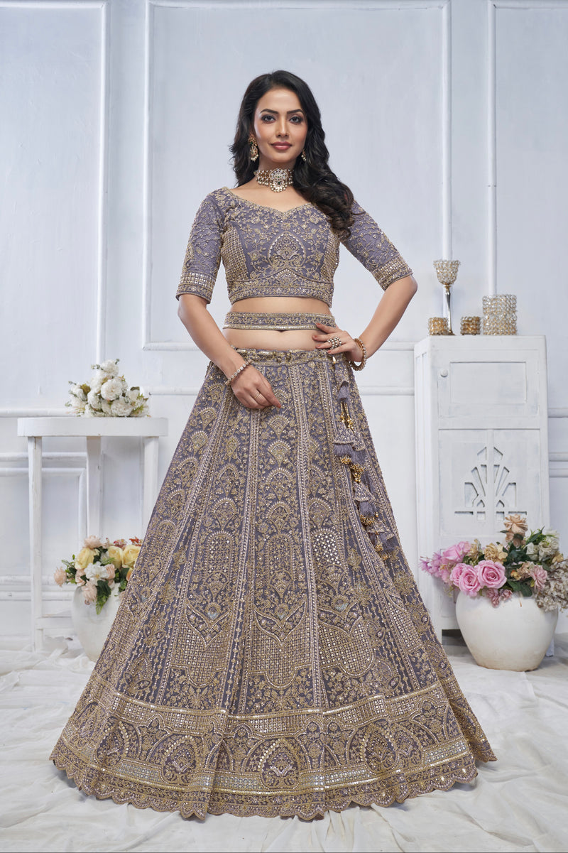 Purple Soft Net Lehenga with Sequins, Zari & Paisley Motifs