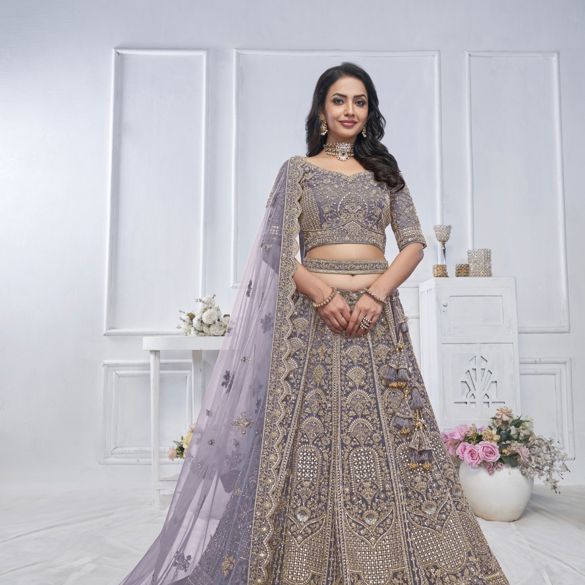 Purple Soft Net Lehenga with Sequins, Zari & Paisley Motifs