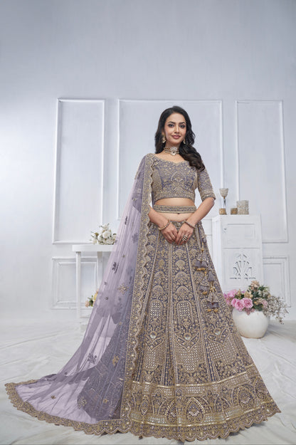 Purple Soft Net Lehenga with Sequins, Zari &amp; Paisley Motifs
