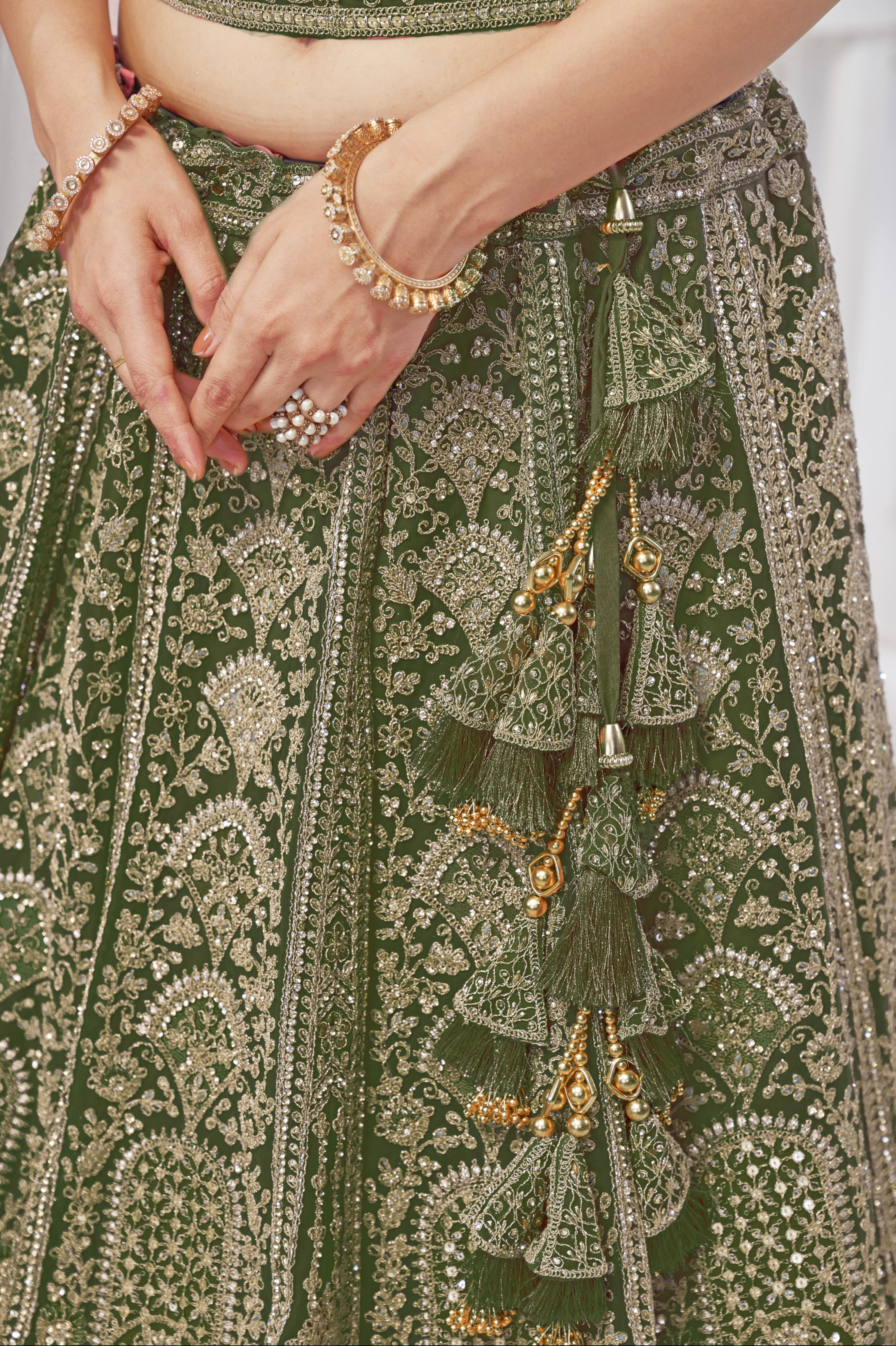 Green Soft Net Lehenga with Zari, Sequins & Paisley Design