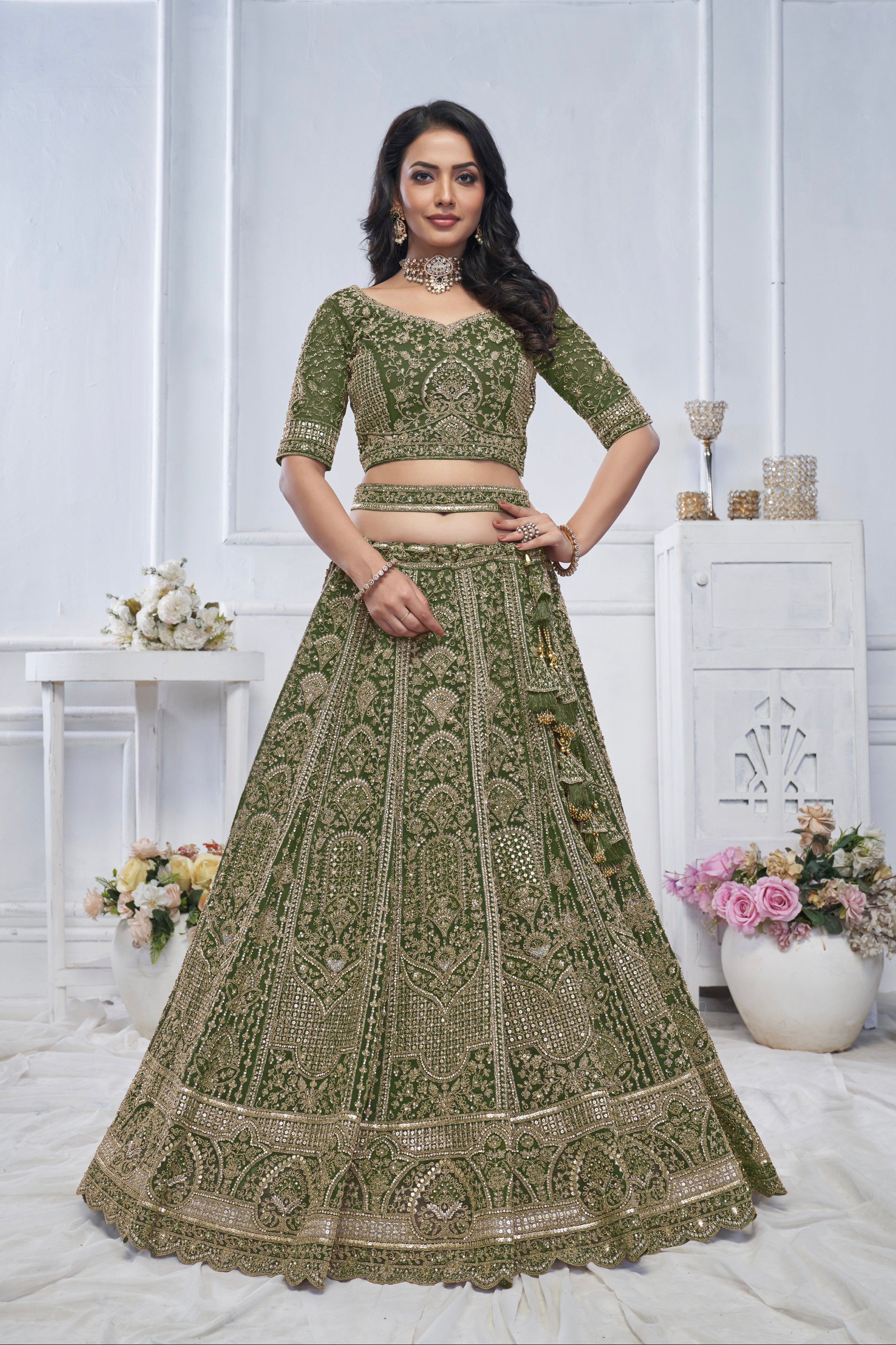 Green Soft Net Lehenga with Zari, Sequins & Paisley Design