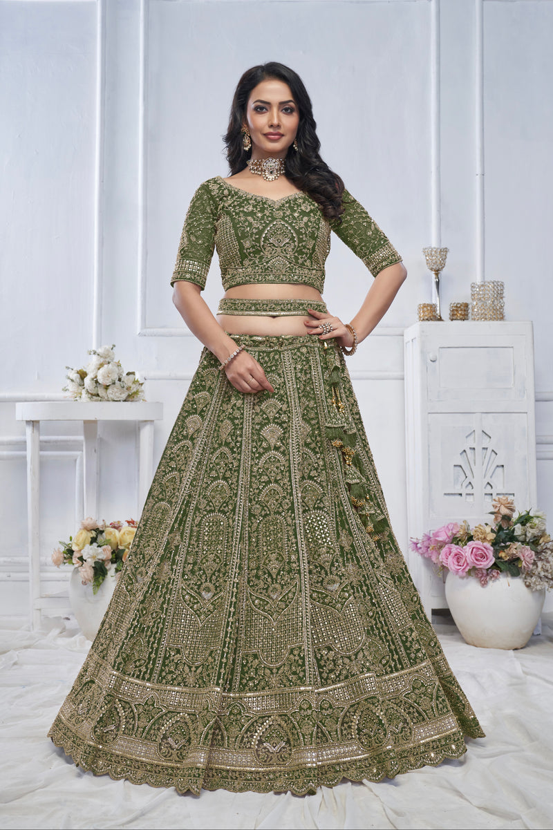 Green Soft Net Lehenga with Zari, Sequins & Paisley Design