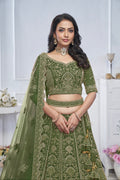 Green Soft Net Lehenga with Zari, Sequins & Paisley Design