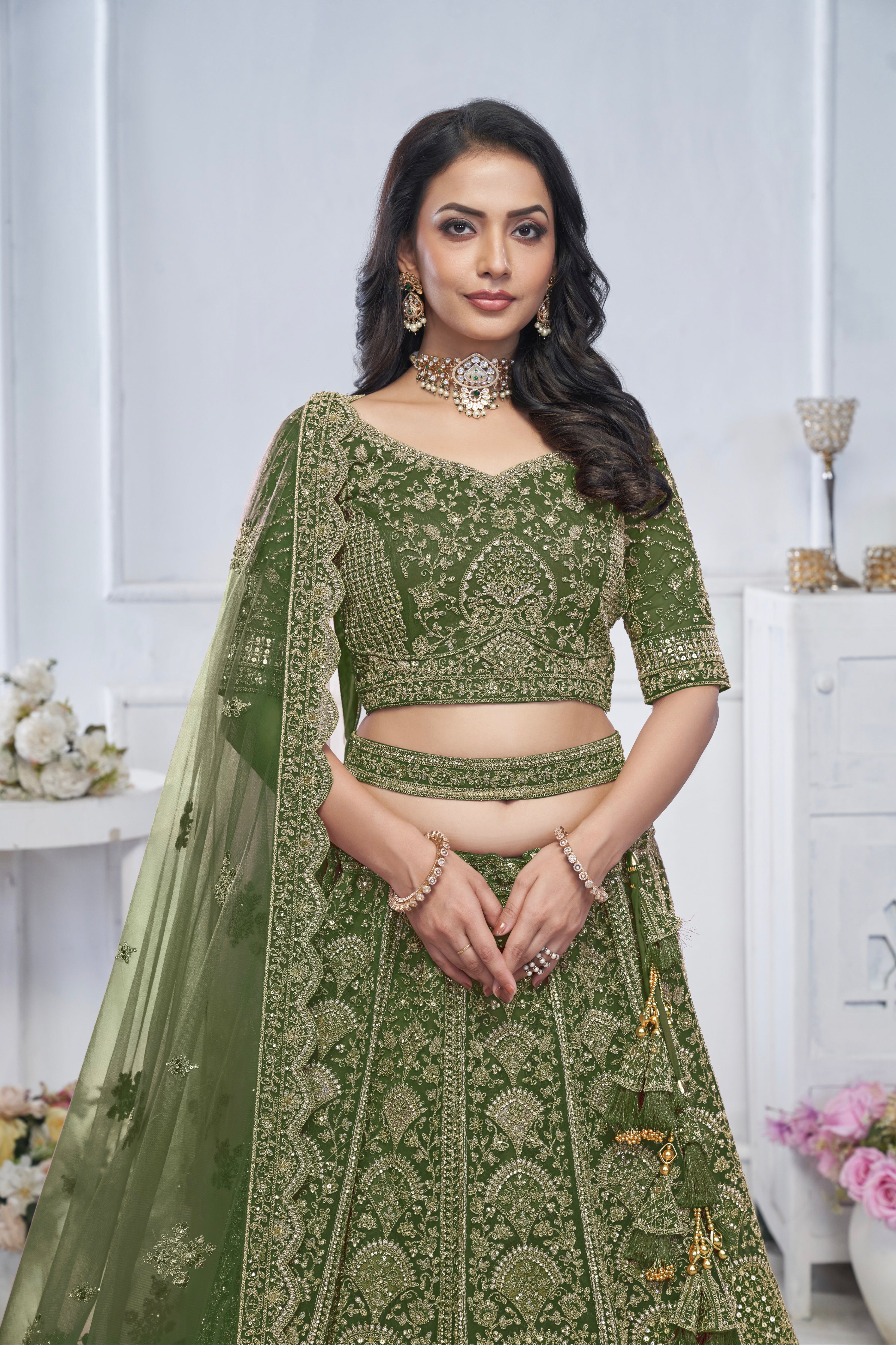 Green Soft Net Lehenga with Zari, Sequins &amp; Paisley Design
