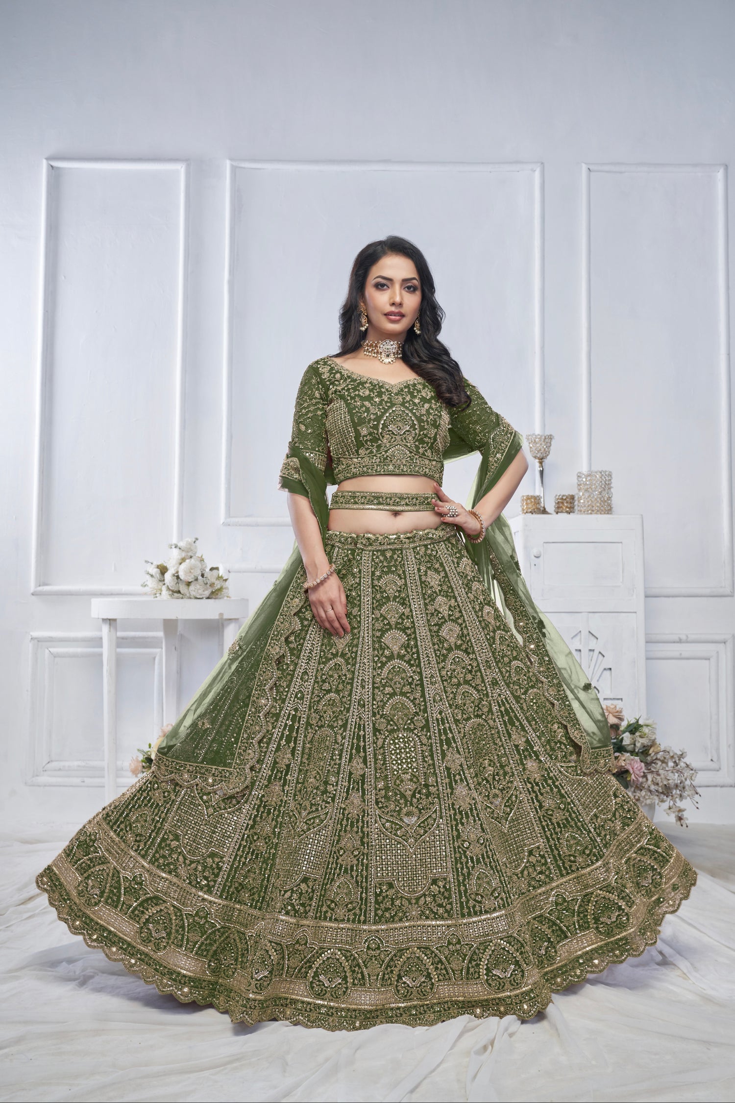 Green Soft Net Lehenga with Zari, Sequins &amp; Paisley Design