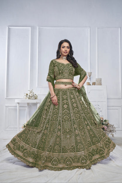 Green Soft Net Lehenga with Zari, Sequins &amp; Paisley Design