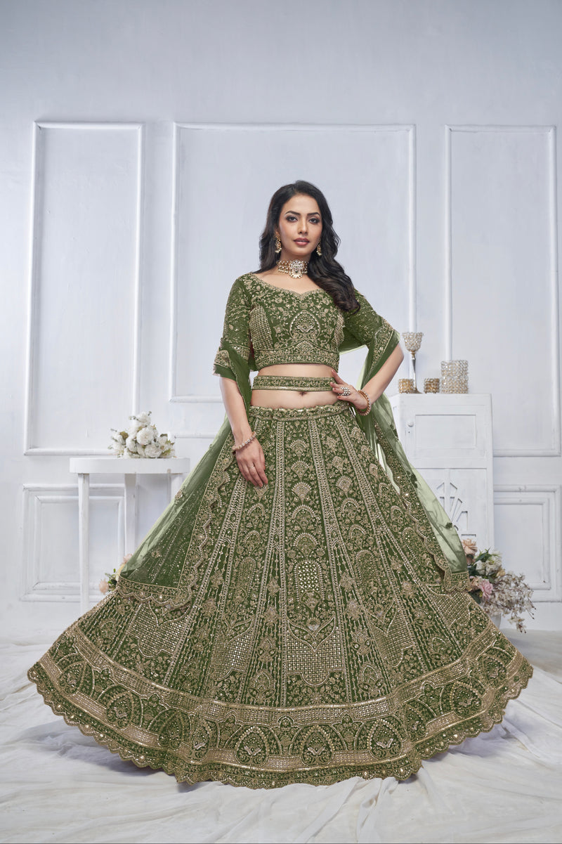 Green Soft Net Lehenga with Zari, Sequins & Paisley Design
