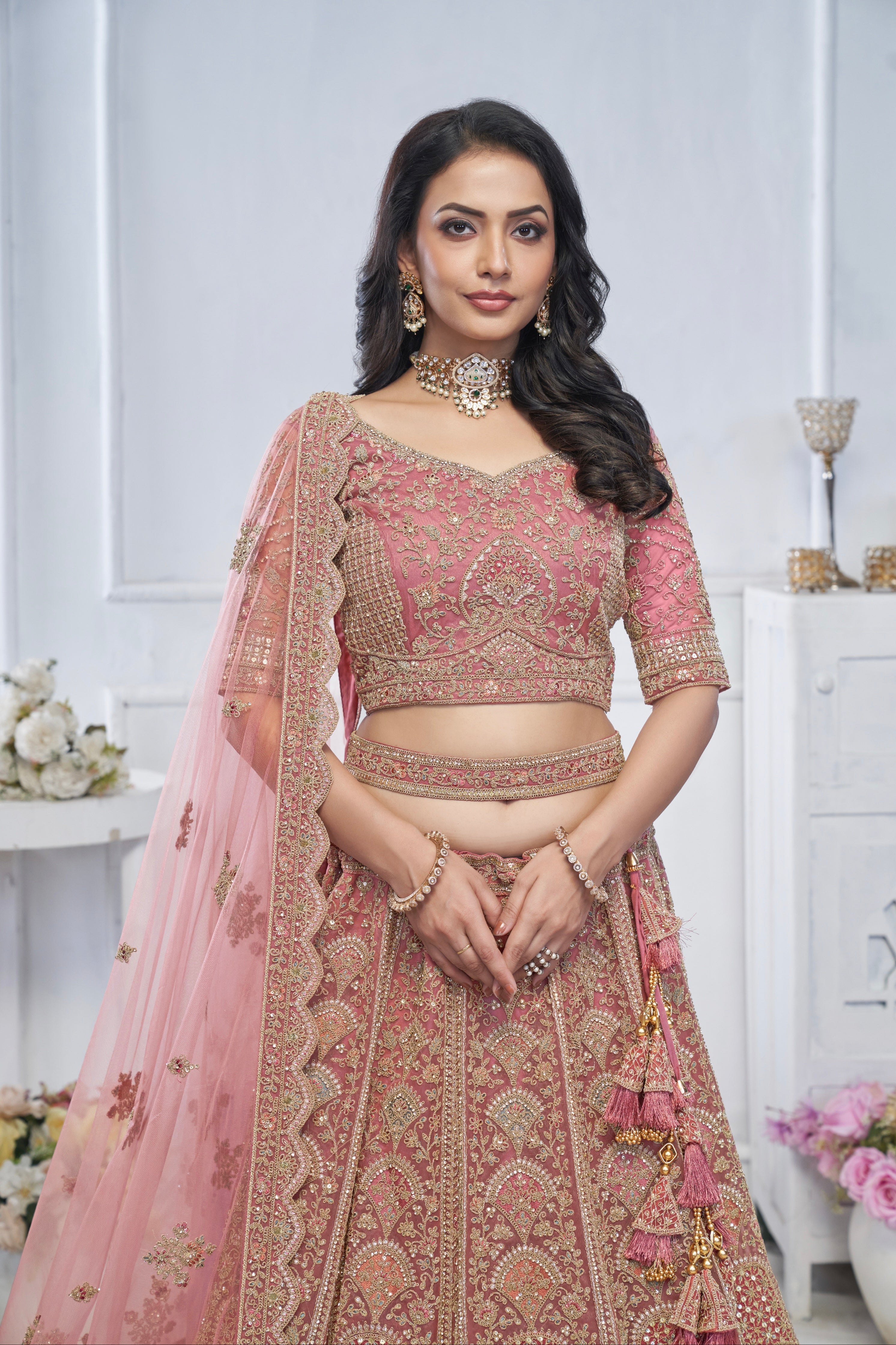 Onion Mauve Soft Net Lehenga with Sequins &amp; Zari Work