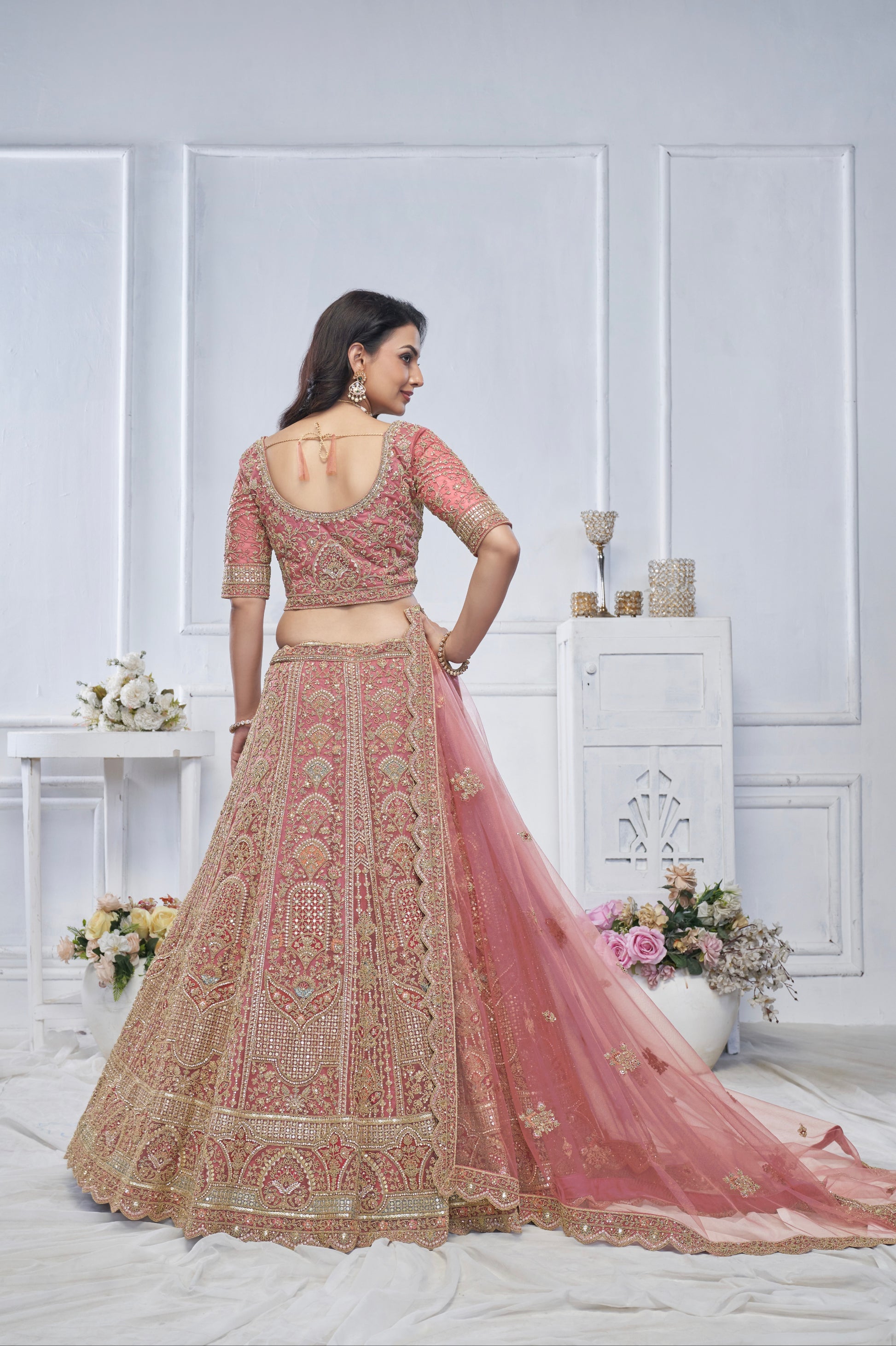 Onion Mauve Soft Net Lehenga with Sequins & Zari Work