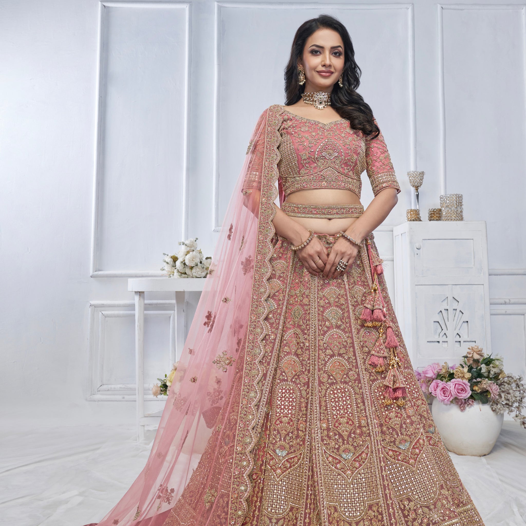 Onion Mauve Soft Net Lehenga with Sequins & Zari Work