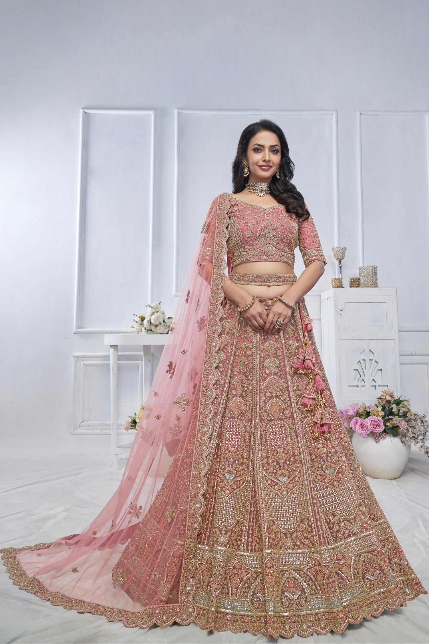 Onion Mauve Soft Net Lehenga with Sequins &amp; Zari Work