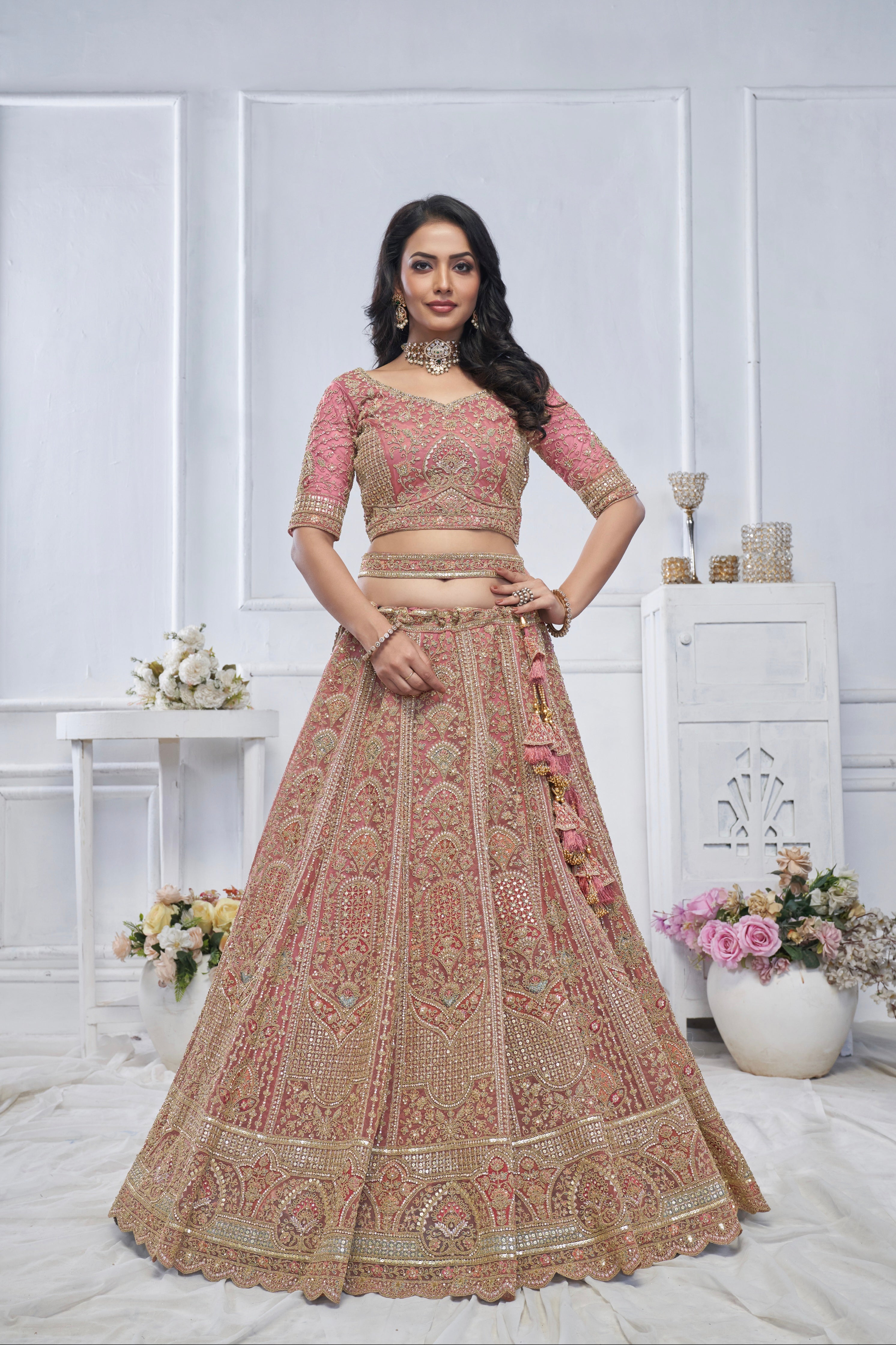 Onion Mauve Soft Net Lehenga with Sequins &amp; Zari Work