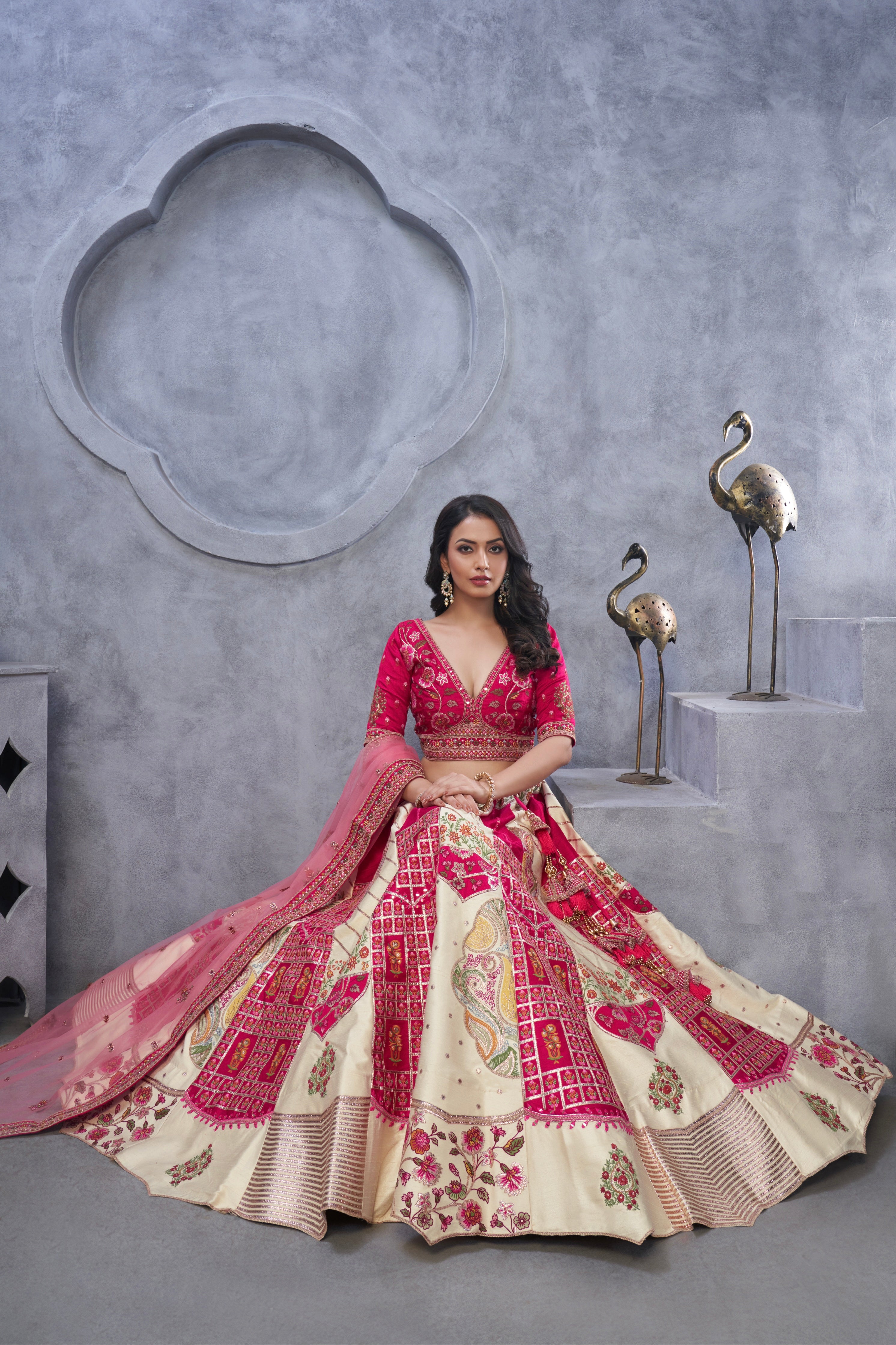 Ivory Organza Silk Lehenga with Red Paisley Motifs &amp; Pink Net Dupatta