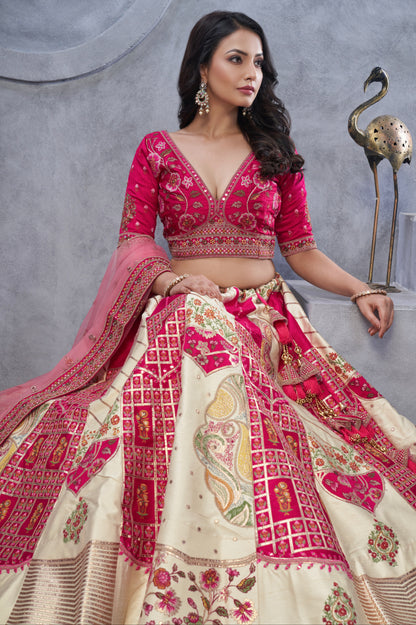 Ivory Organza Silk Lehenga with Red Paisley Motifs &amp; Pink Net Dupatta
