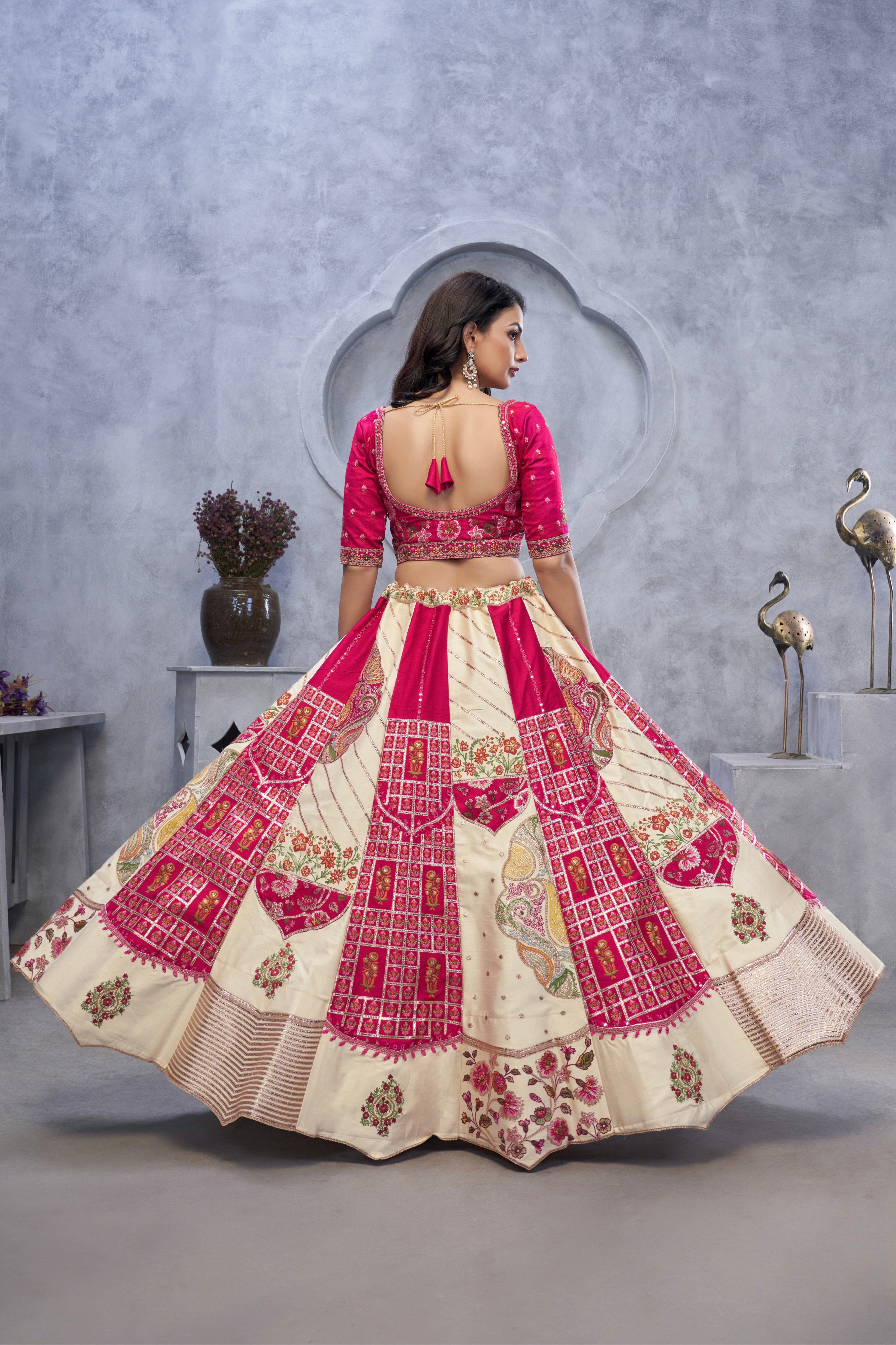 Ivory Organza Silk Lehenga with Red Paisley Motifs &amp; Pink Net Dupatta