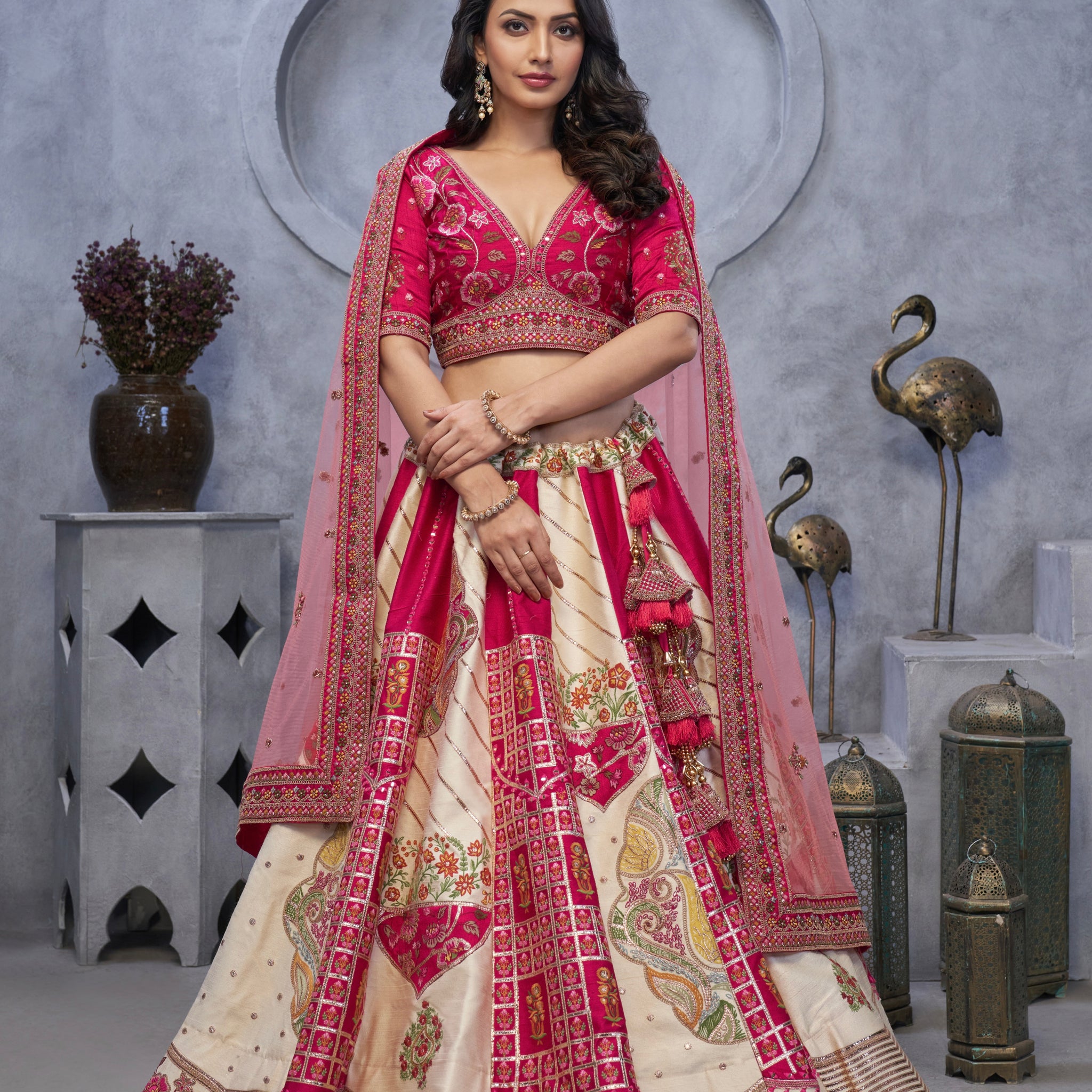 Ivory Organza Silk Lehenga with Red Paisley Motifs & Pink Net Dupatta