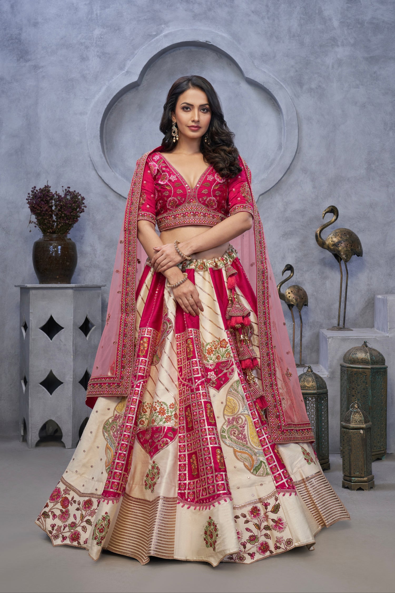 Ivory Organza Silk Lehenga with Red Paisley Motifs &amp; Pink Net Dupatta