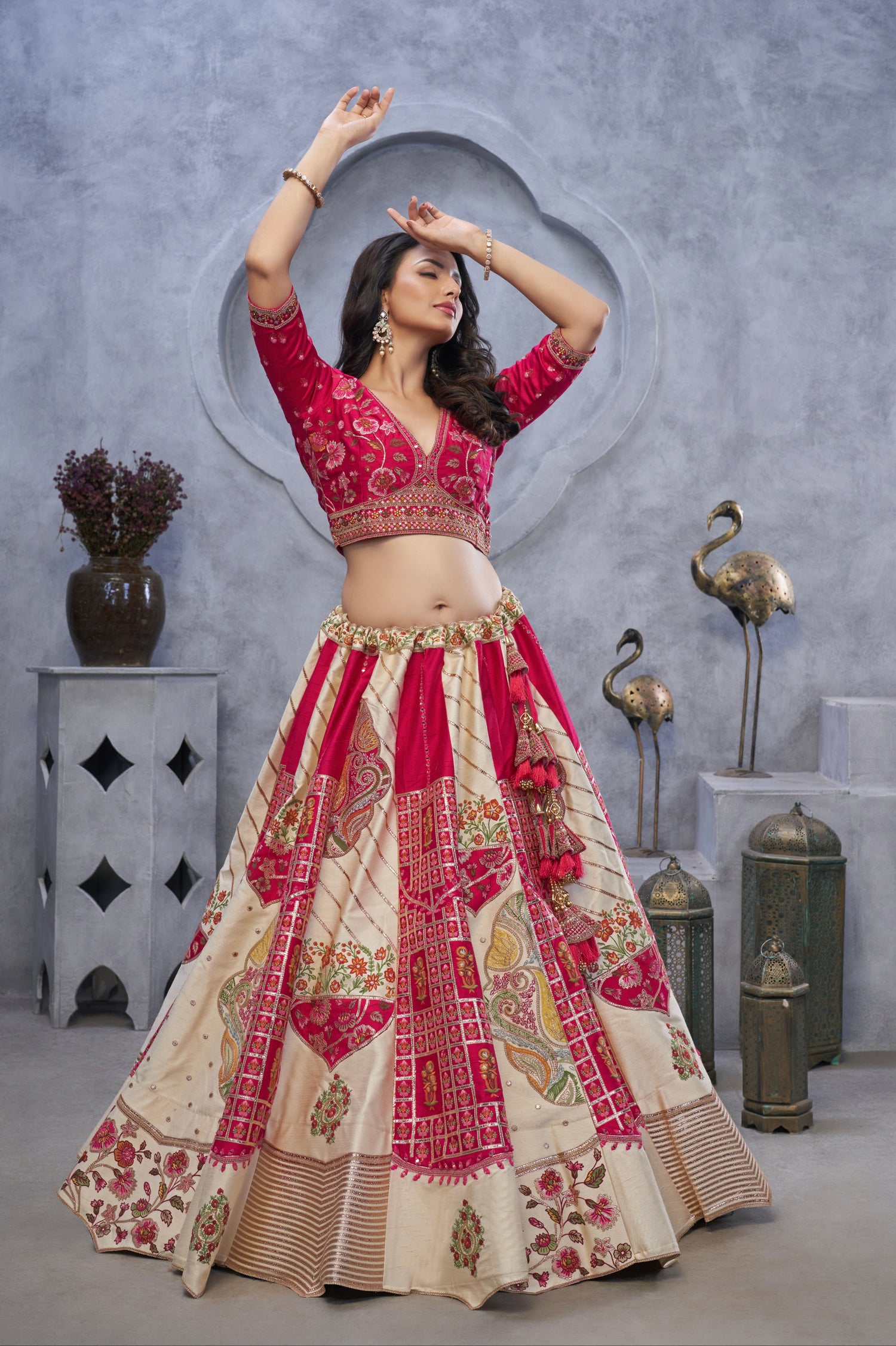 Ivory Organza Silk Lehenga with Red Paisley Motifs &amp; Pink Net Dupatta