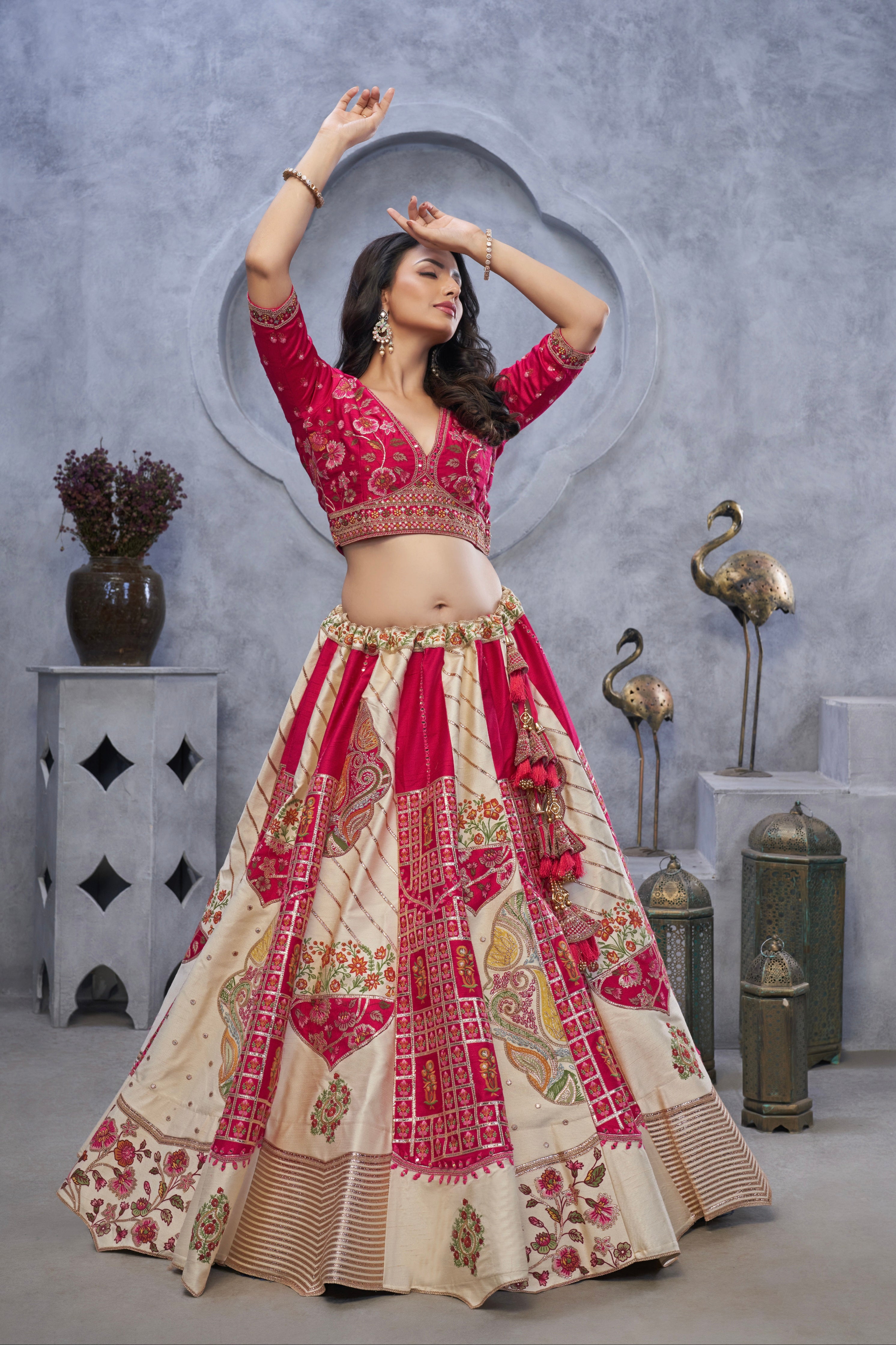Ivory Organza Silk Lehenga with Red Paisley Motifs &amp; Pink Net Dupatta