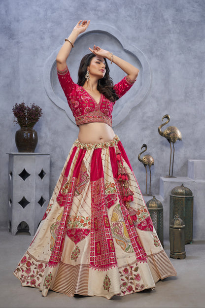 Ivory Organza Silk Lehenga with Red Paisley Motifs &amp; Pink Net Dupatta