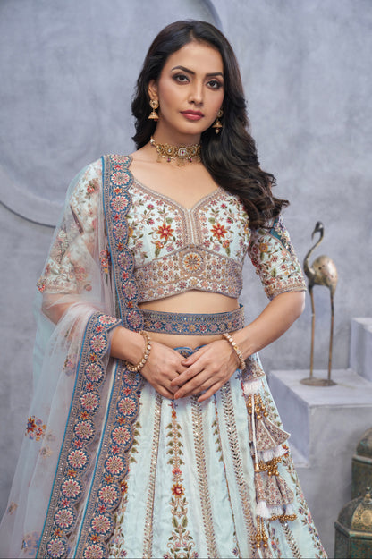 Sky Blue Organza Silk Lehenga with Zari Embroidery &amp; Velvet Patches